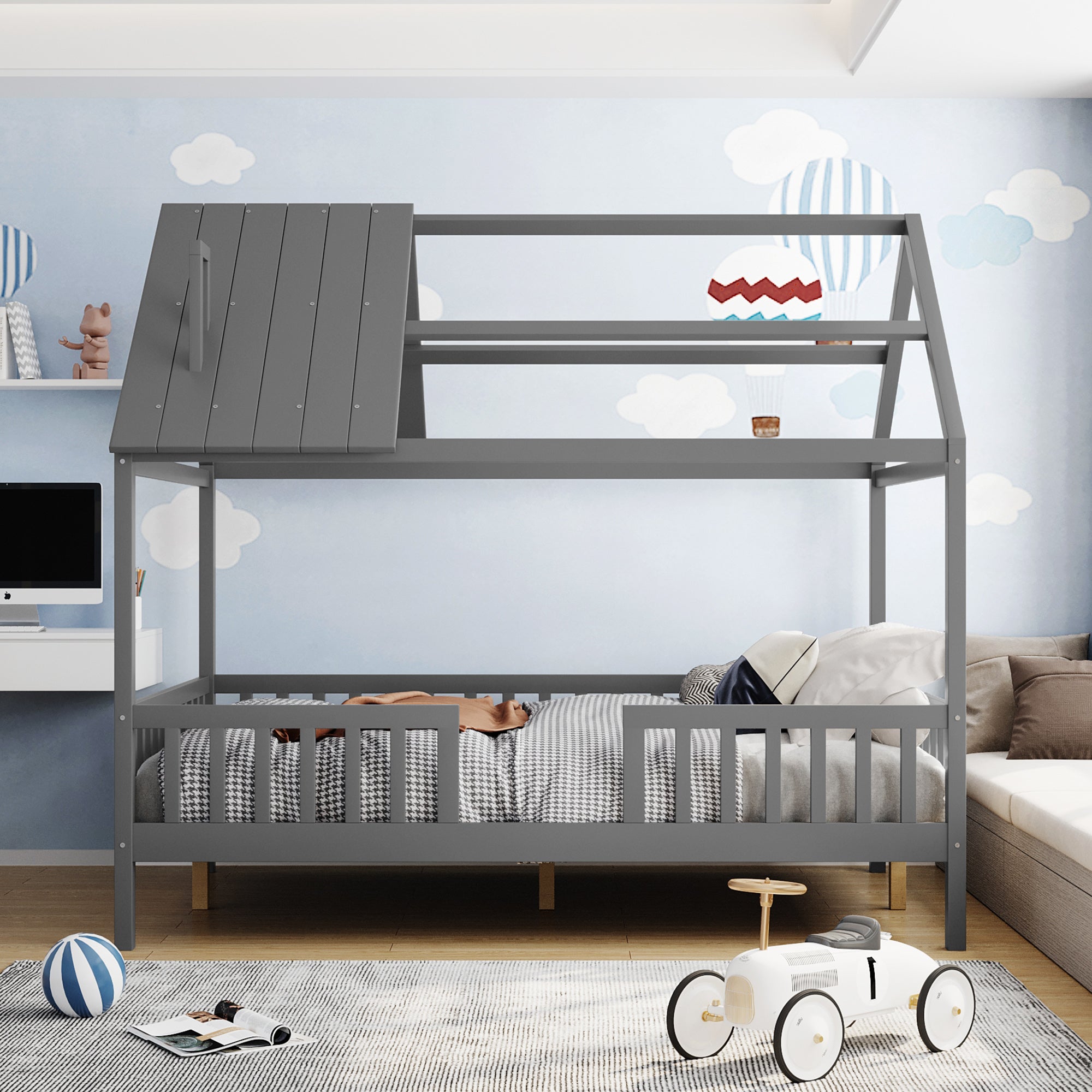 Royard Oaktree Wood House Bed with Fence Wood Platform Bed Frame with Roof and Slats Modern House Bed for Kids Teens Girls Boys