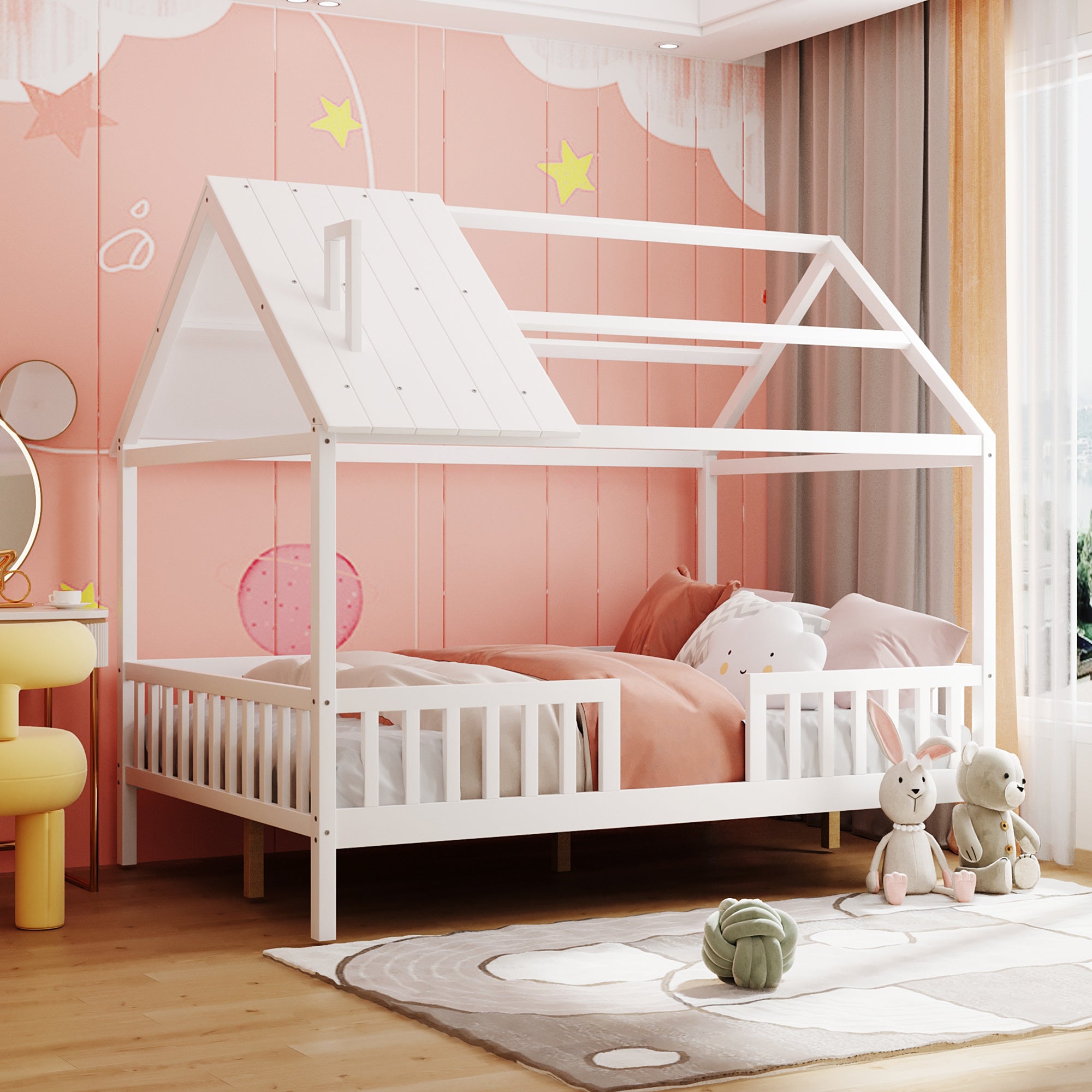 Royard Oaktree Wood House Bed with Fence Wood Platform Bed Frame with Roof and Slats Modern House Bed for Kids Teens Girls Boys