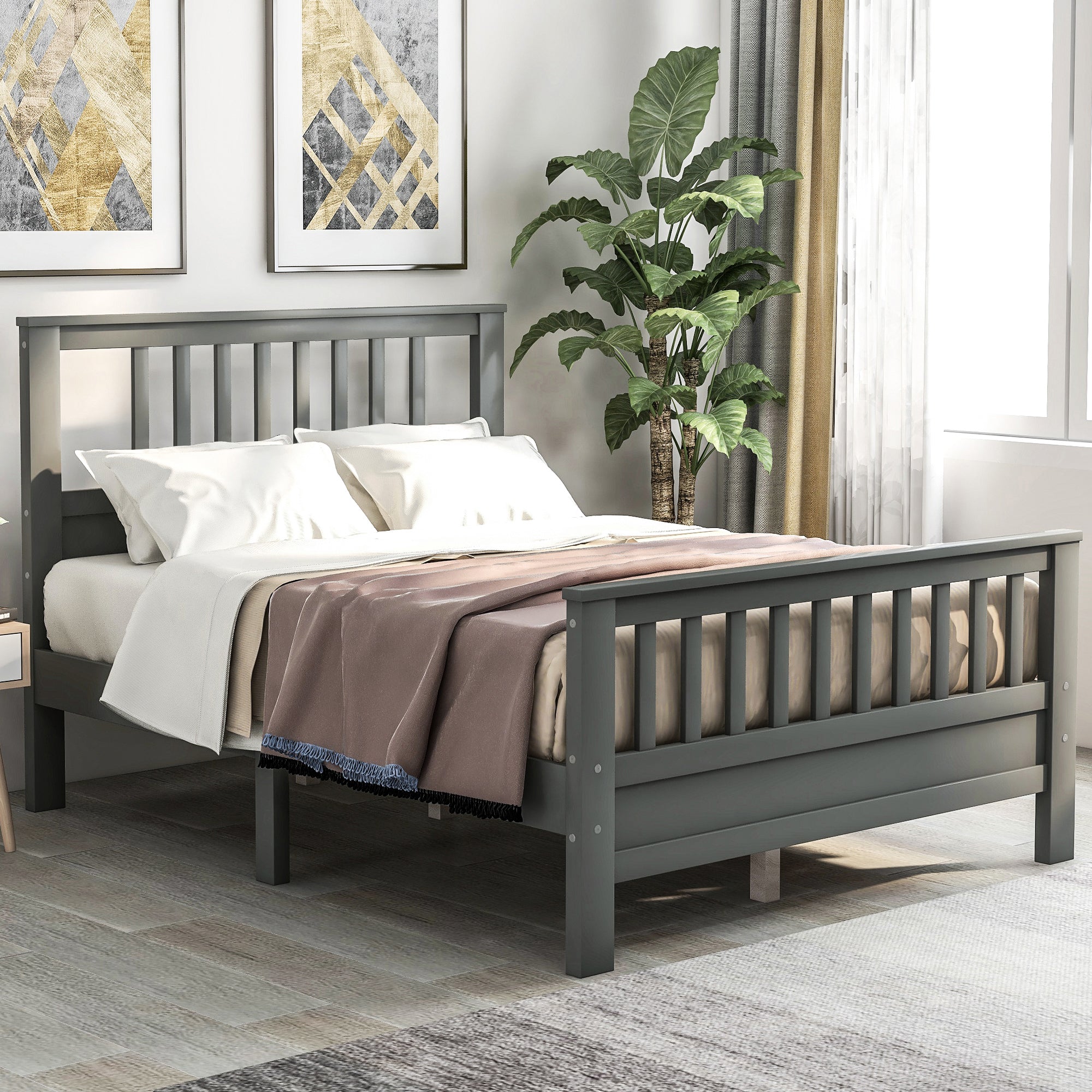 Royard Oaktree Wood Platform Bed with Headboard and Footboard, Full (Gray)