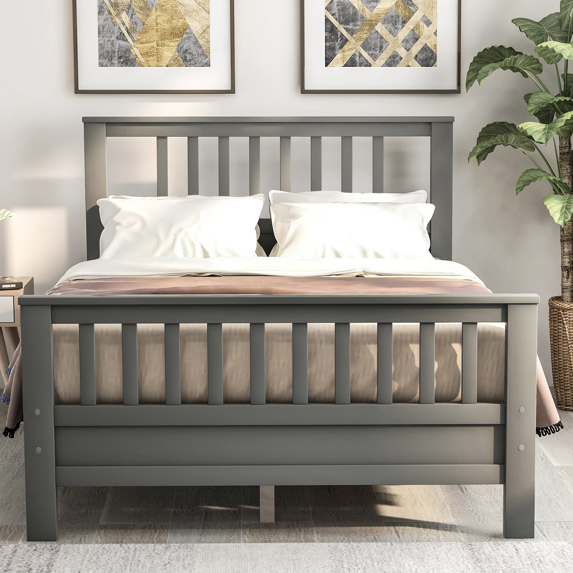 Royard Oaktree Wood Platform Bed with Headboard and Footboard, Full (Gray)