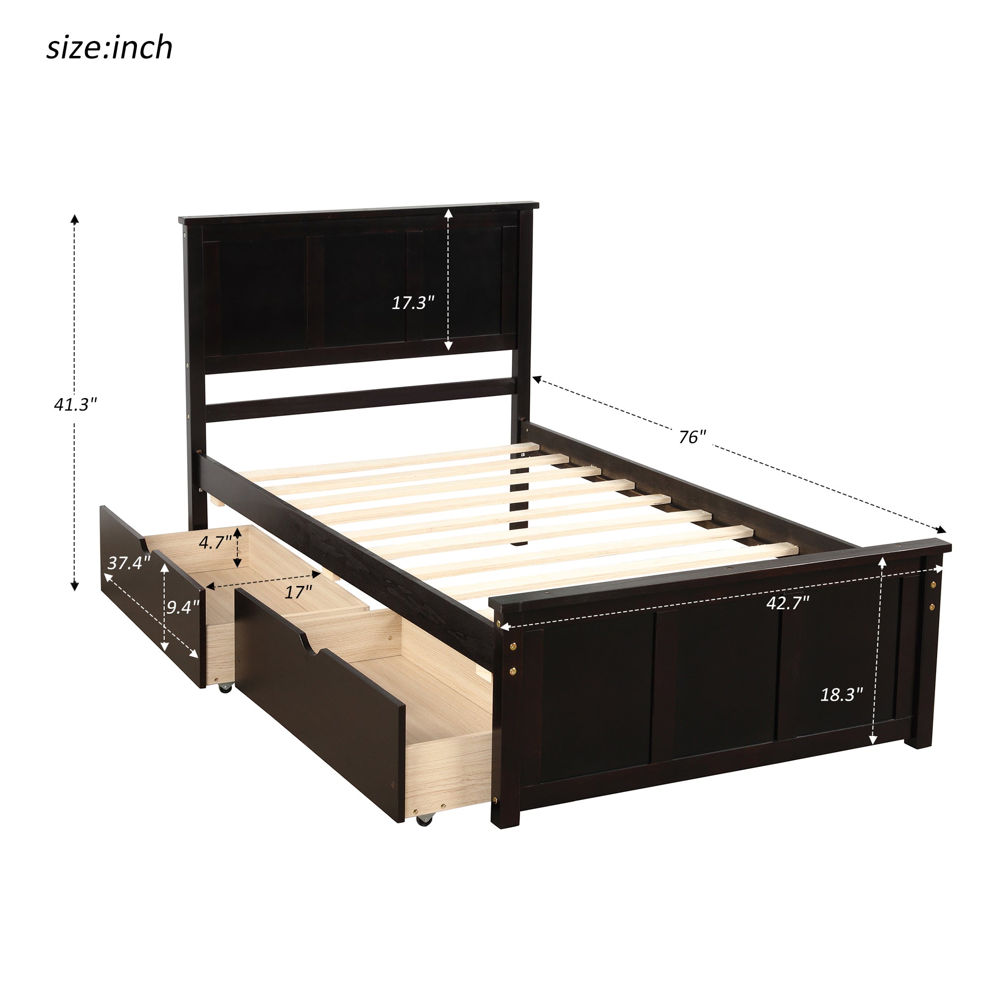 Royard Oaktree Twin Size Platform Storage Bed Wood Bed Frame with Headboard and 2 Drawers