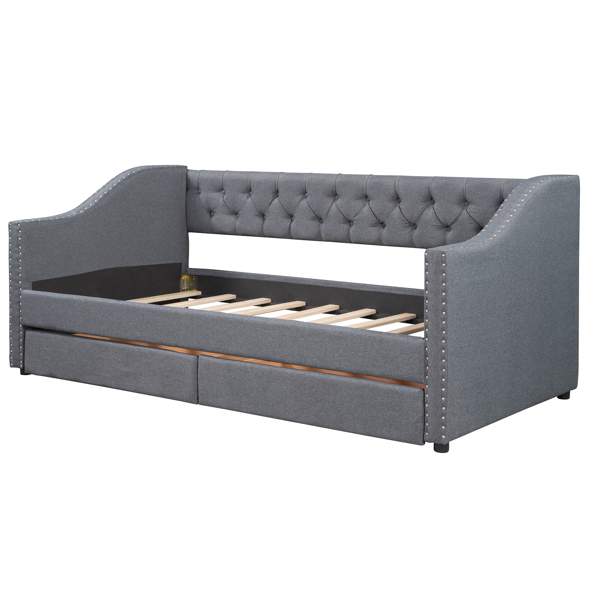 Royard Oaktree Twin Size Daybed with 2 Drawers Modern Linen Upholstered Day Bed Button-Tufted Sofa Bed Frame with Wood Slat Support, No Box Spring Needed, Gray