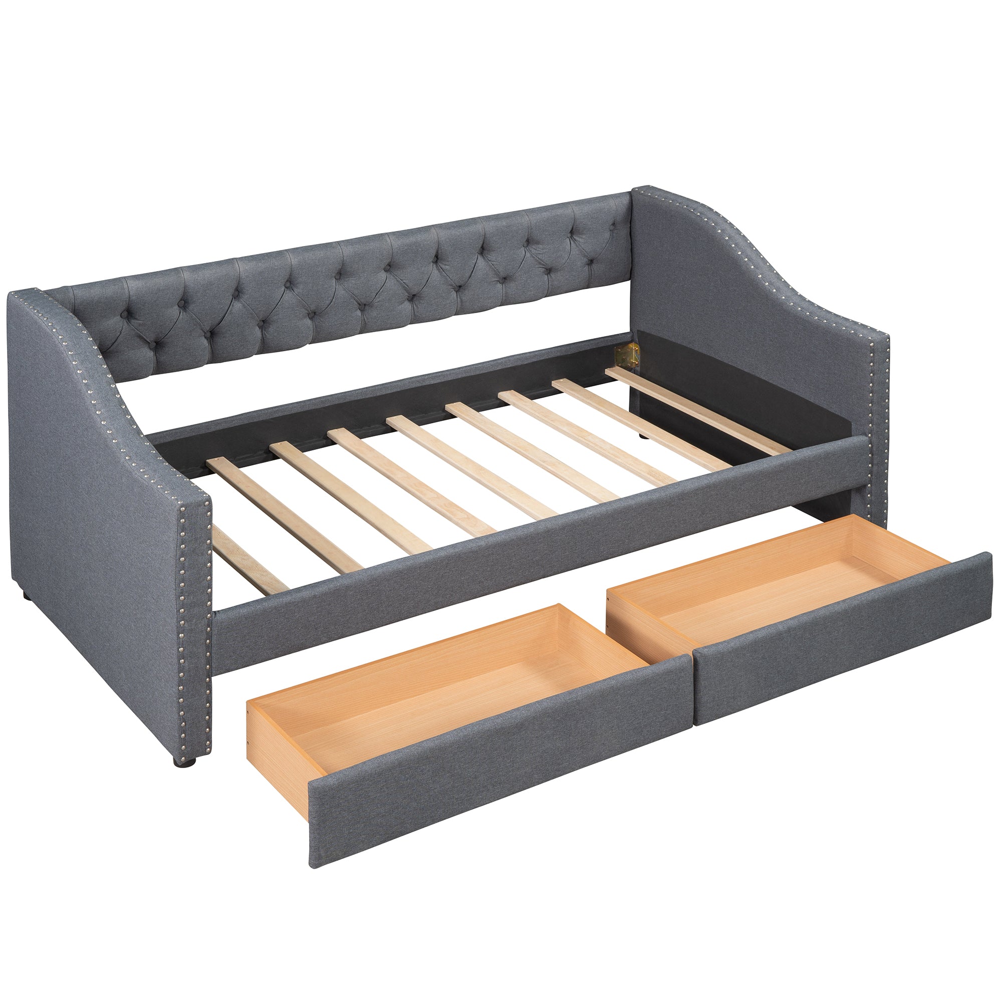 Royard Oaktree Twin Size Daybed with 2 Drawers Modern Linen Upholstered Day Bed Button-Tufted Sofa Bed Frame with Wood Slat Support, No Box Spring Needed, Gray