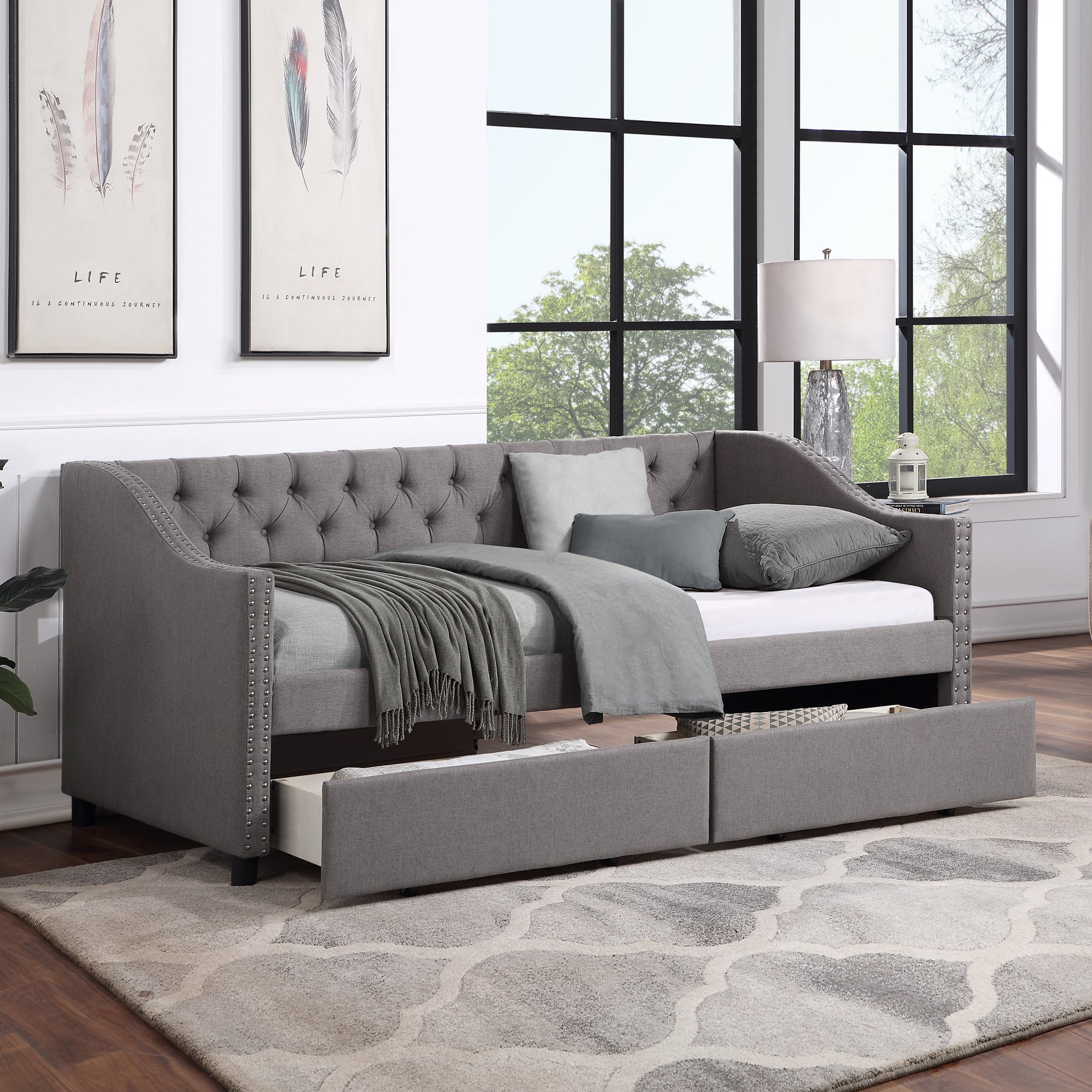 Royard Oaktree Twin Size Daybed with 2 Drawers Modern Linen Upholstered Day Bed Button-Tufted Sofa Bed Frame with Wood Slat Support, No Box Spring Needed, Gray