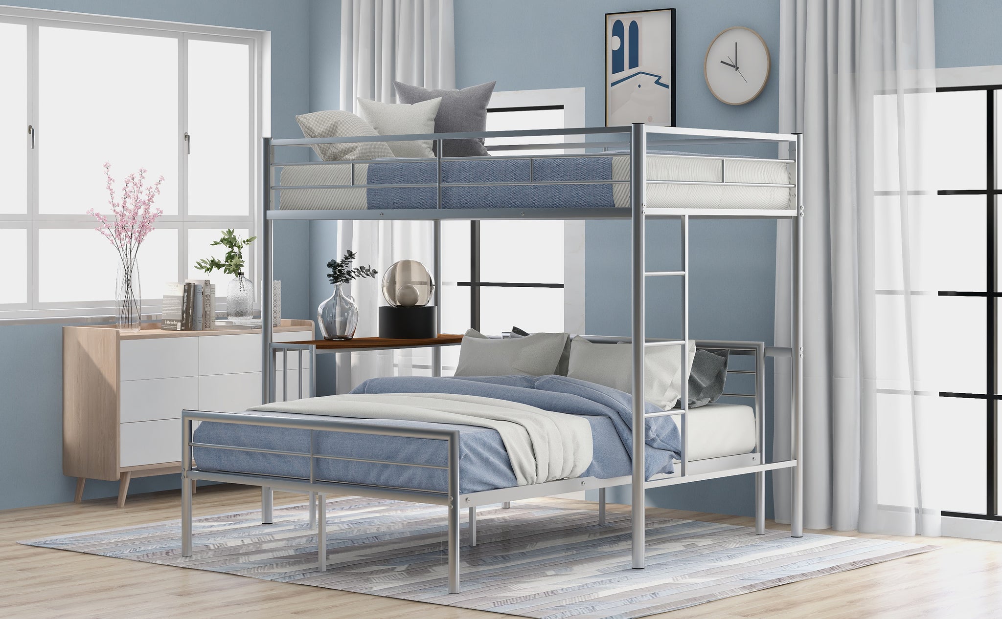 Royard Oaktree Twin Over Full Metal Bunk Bed with Built-in Desk, Can Be Converted Into A Twin Loft Bed and Stand-Alone Platform Bed