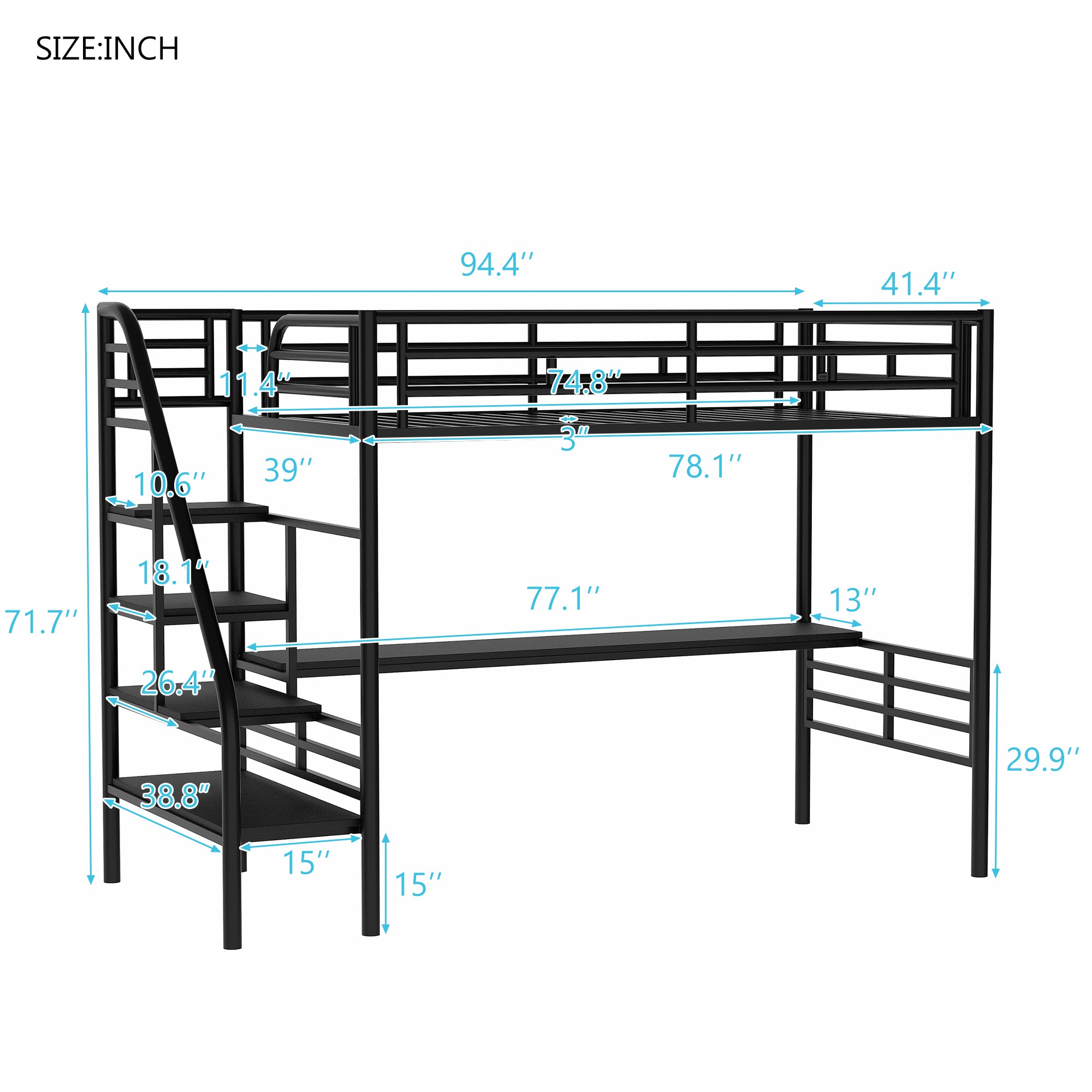 Royard Oaktree Metal Loft Bed Frame with Desk, No Box Spring Needed, Twin, Black