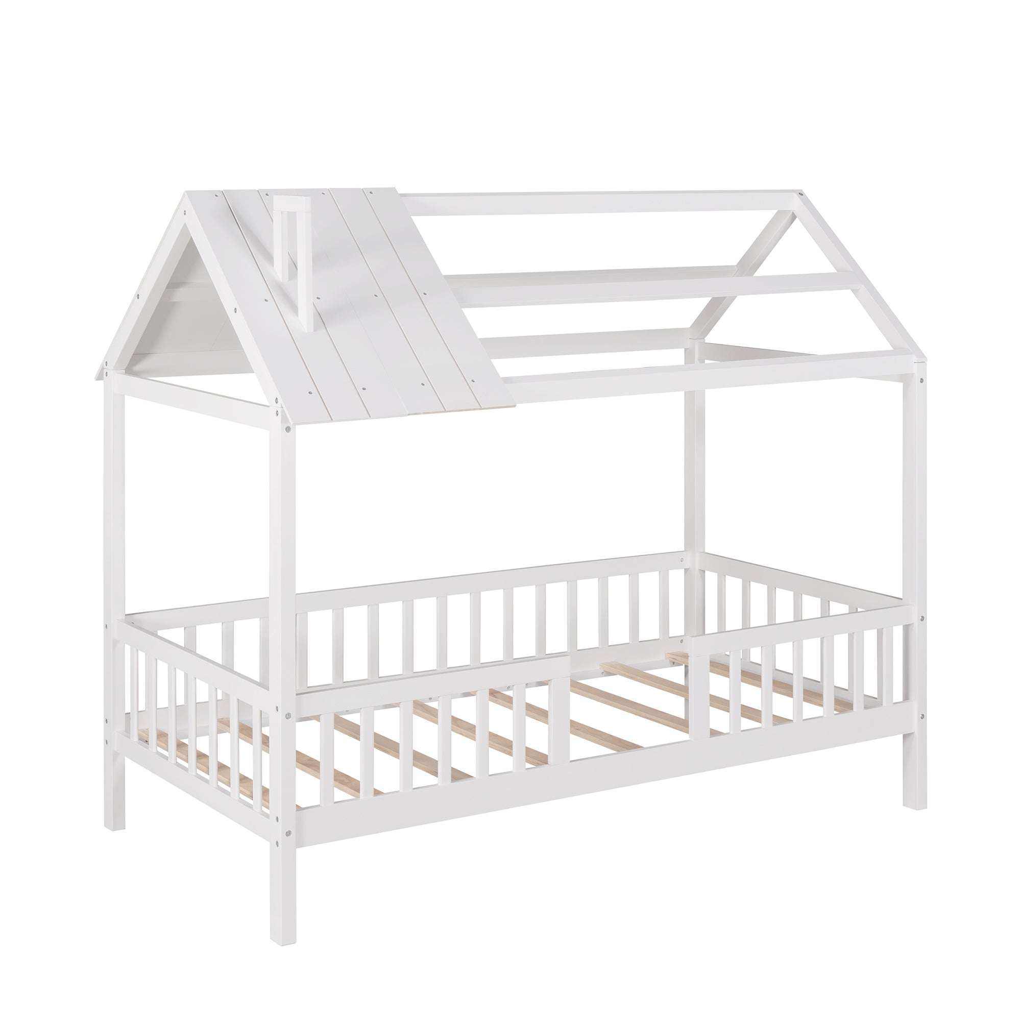 Royard Oaktree Wood House Bed with Fence Wood Platform Bed Frame with Roof and Slats Modern House Bed for Kids Teens Girls Boys