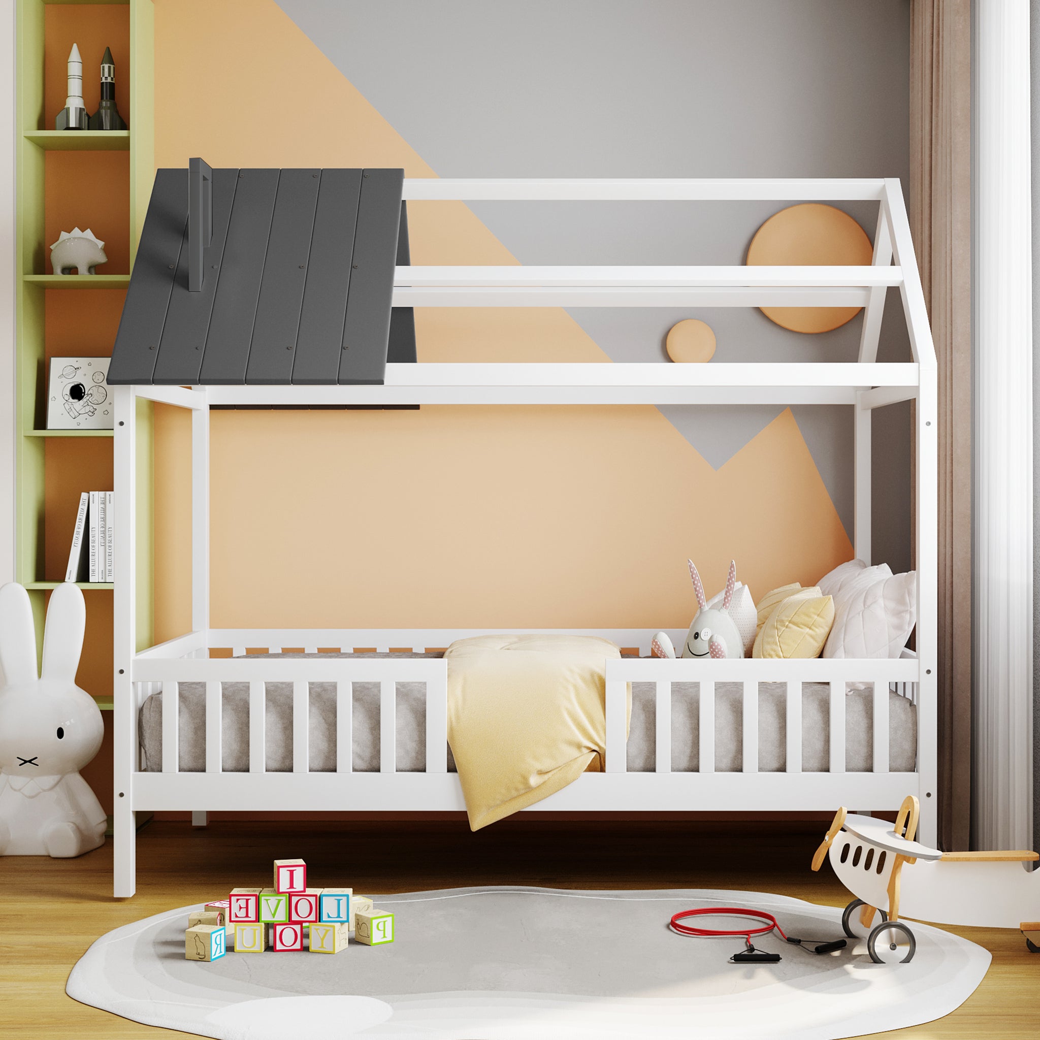 Royard Oaktree Wood House Bed with Fence Wood Platform Bed Frame with Roof and Slats Modern House Bed for Kids Teens Girls Boys