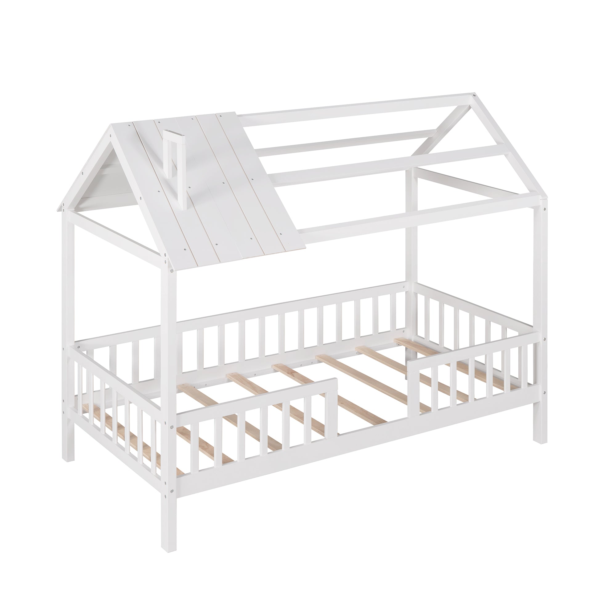 Royard Oaktree Wood House Bed with Fence Wood Platform Bed Frame with Roof and Slats Modern House Bed for Kids Teens Girls Boys