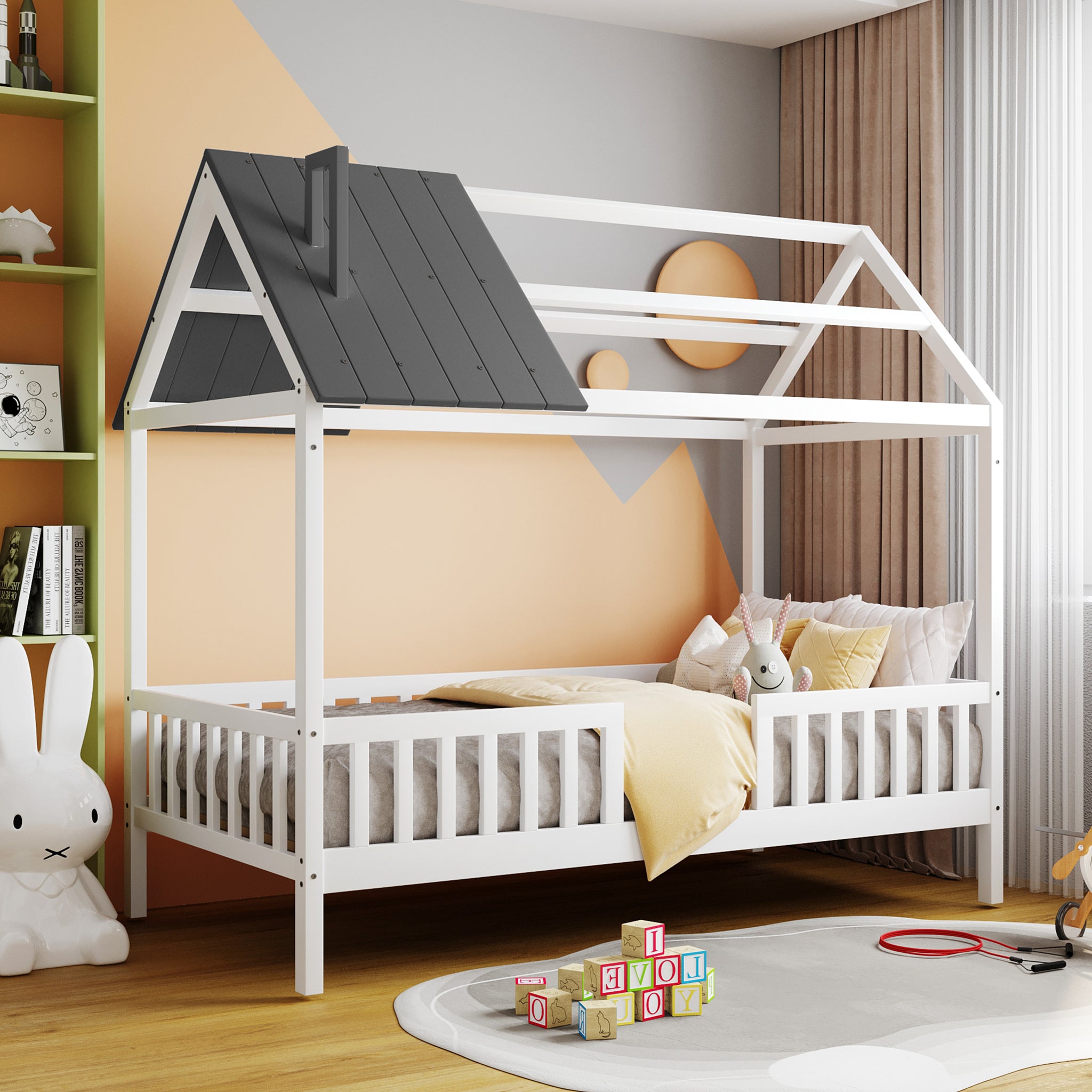 Royard Oaktree Wood House Bed with Fence Wood Platform Bed Frame with Roof and Slats Modern House Bed for Kids Teens Girls Boys