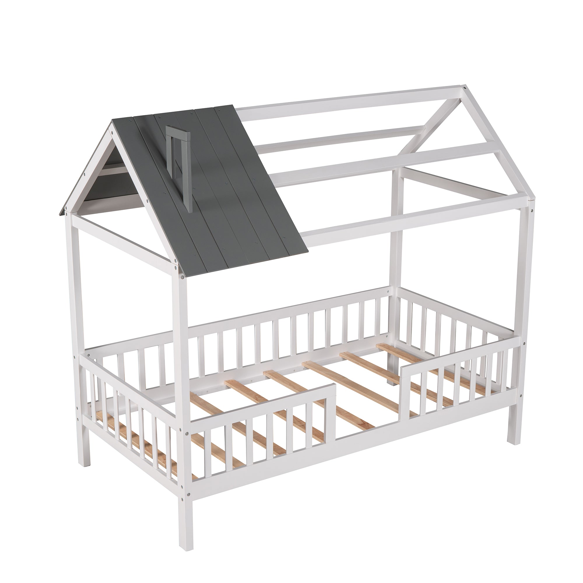 Royard Oaktree Wood House Bed with Fence Wood Platform Bed Frame with Roof and Slats Modern House Bed for Kids Teens Girls Boys