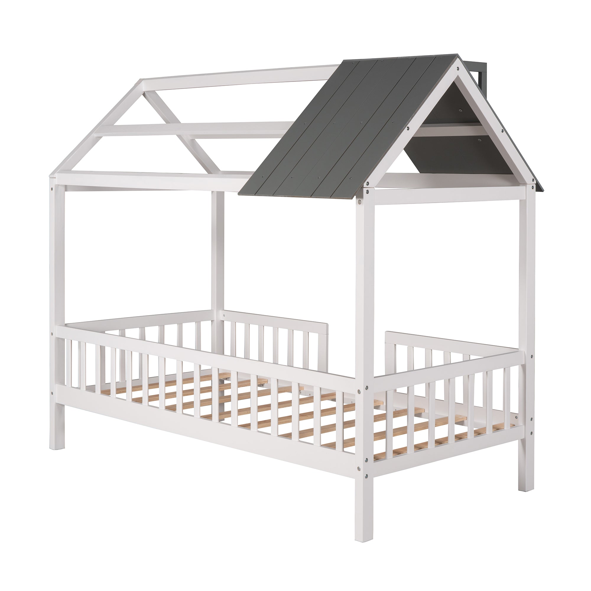 Royard Oaktree Wood House Bed with Fence Wood Platform Bed Frame with Roof and Slats Modern House Bed for Kids Teens Girls Boys