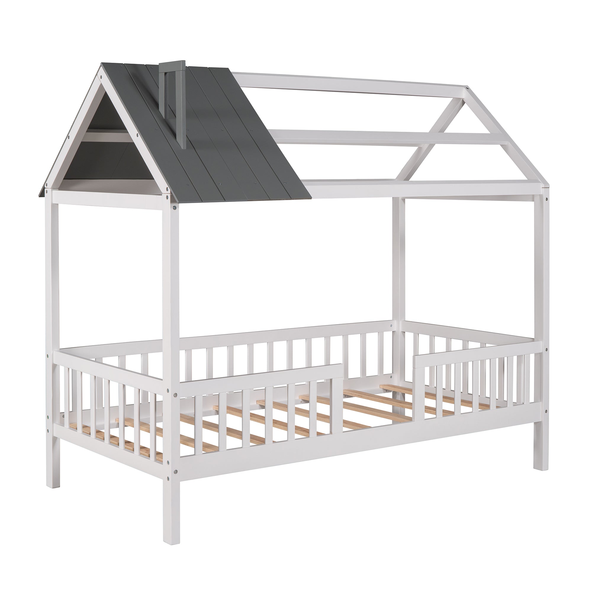 Royard Oaktree Wood House Bed with Fence Wood Platform Bed Frame with Roof and Slats Modern House Bed for Kids Teens Girls Boys