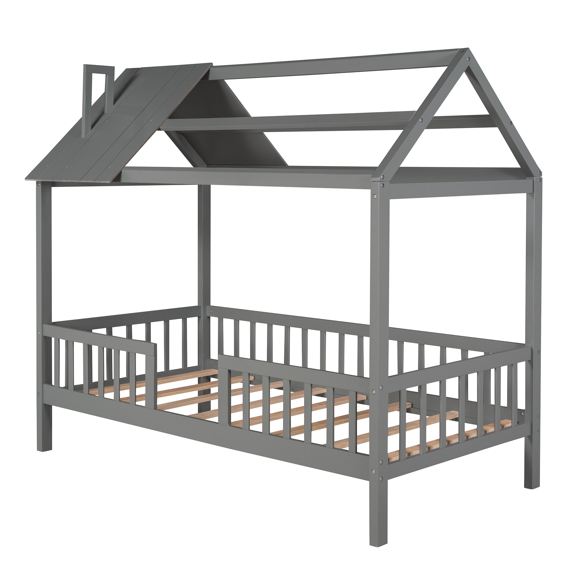 Royard Oaktree Wood House Bed with Fence Wood Platform Bed Frame with Roof and Slats Modern House Bed for Kids Teens Girls Boys