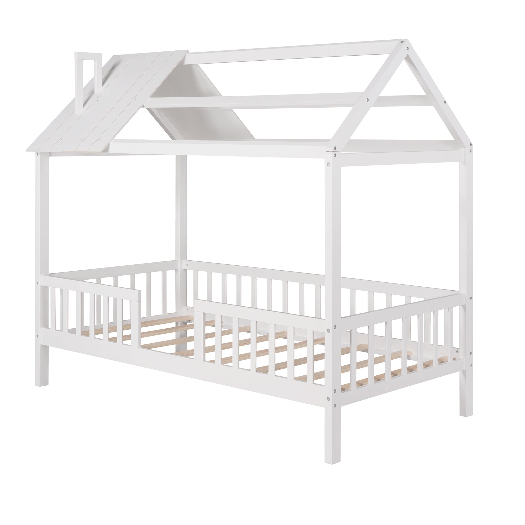 Royard Oaktree Wood House Bed with Fence Wood Platform Bed Frame with Roof and Slats Modern House Bed for Kids Teens Girls Boys