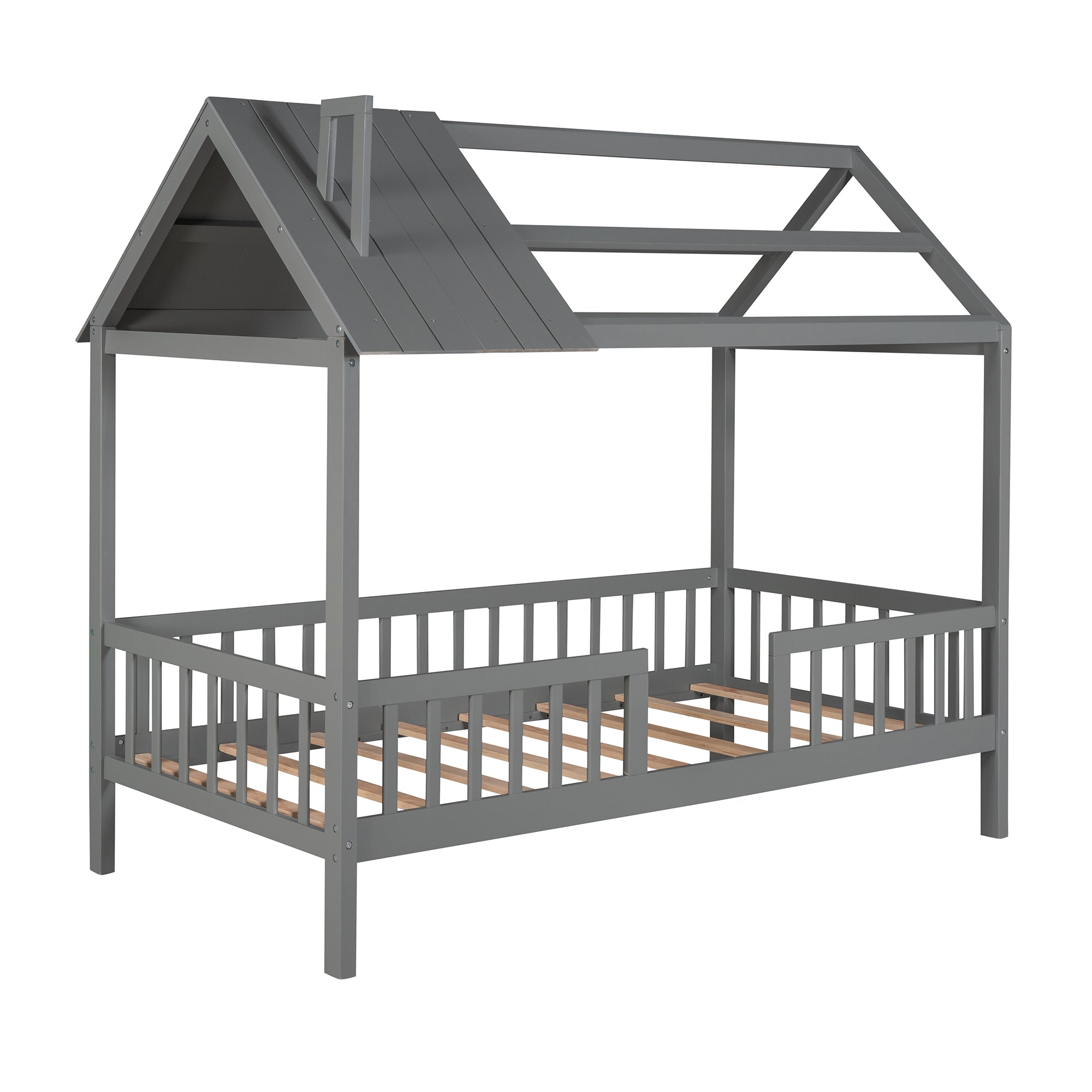 Royard Oaktree Wood House Bed with Fence Wood Platform Bed Frame with Roof and Slats Modern House Bed for Kids Teens Girls Boys