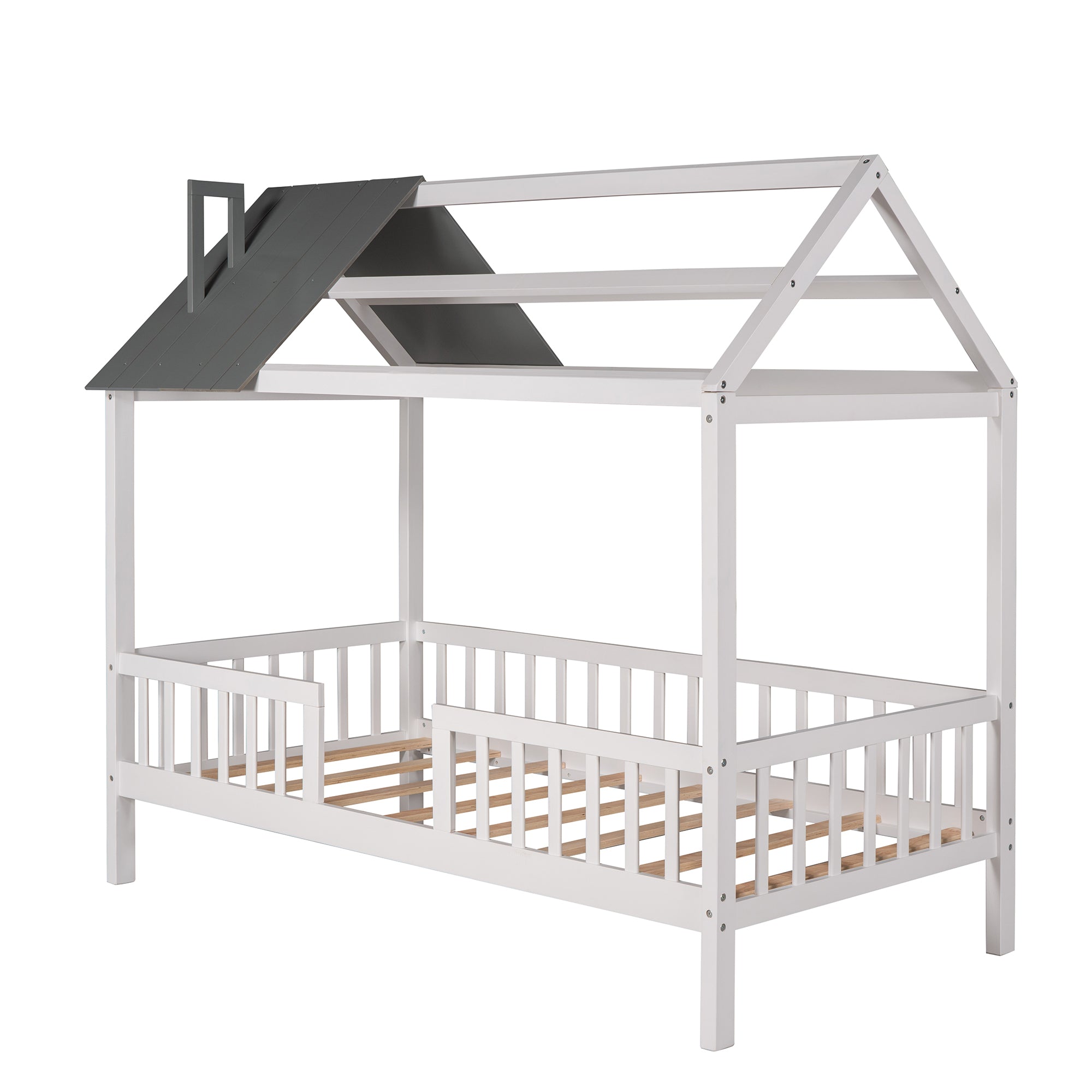 Royard Oaktree Wood House Bed with Fence Wood Platform Bed Frame with Roof and Slats Modern House Bed for Kids Teens Girls Boys