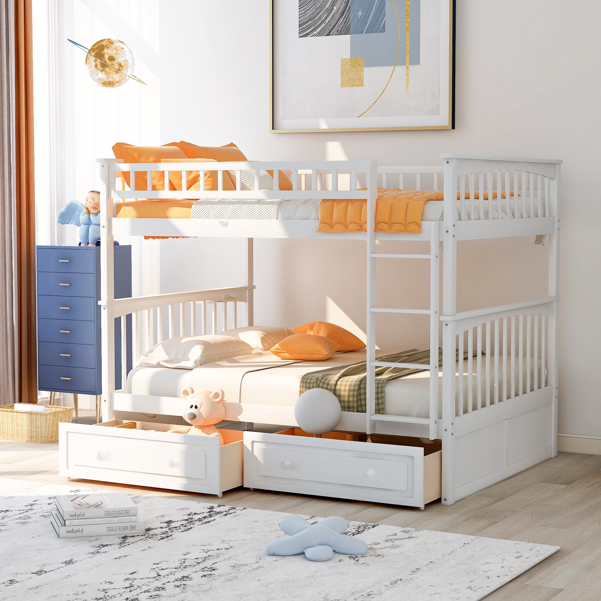 Royard Oaktree Bunk Bed with Storage Drawers and Built-in Ladder, Wood Bunk Bed Frame with Fence Style Guardrails and Headboard, Can Be Divided Into 2 Separate Platform Beds