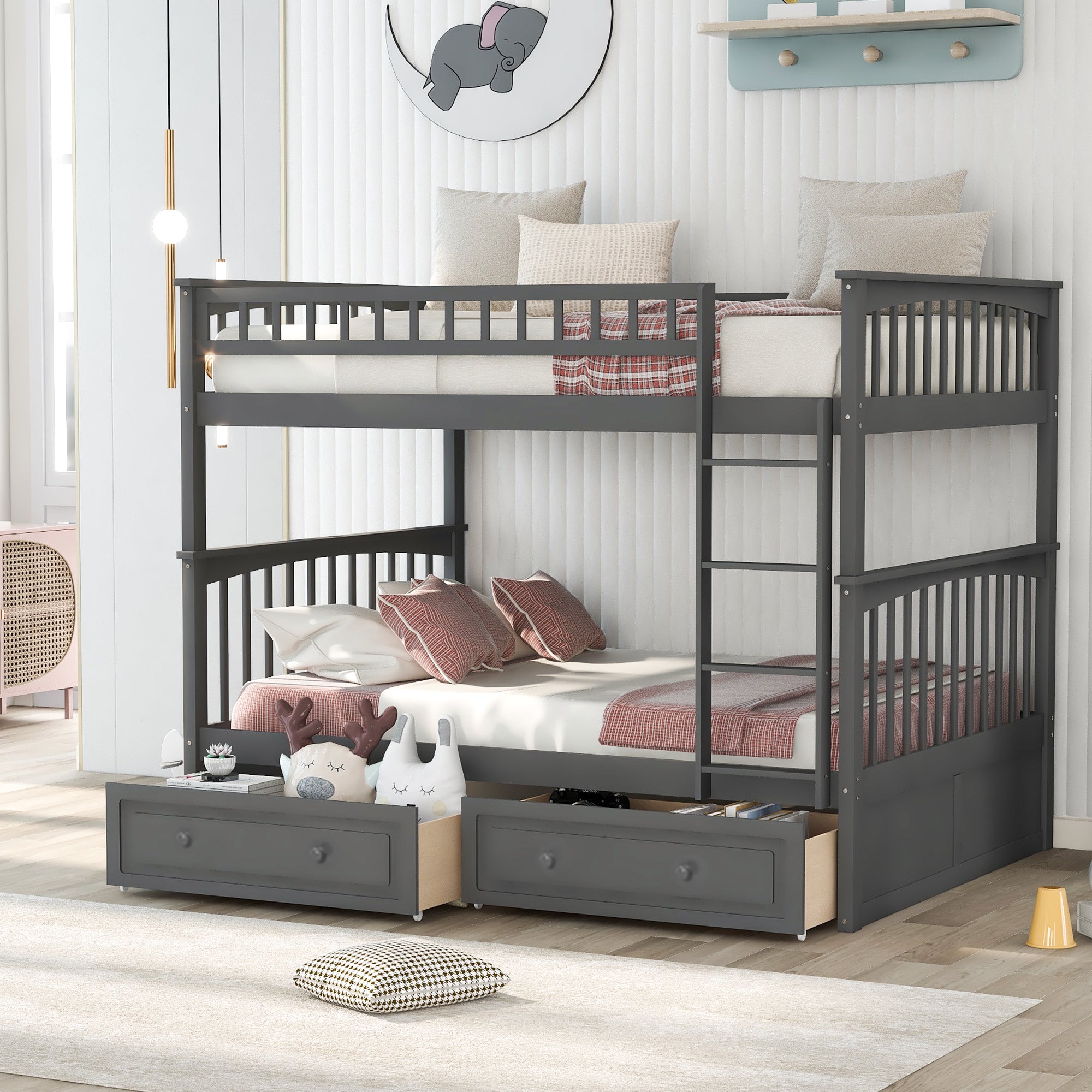 Royard Oaktree Bunk Bed with Storage Drawers and Built-in Ladder, Wood Bunk Bed Frame with Fence Style Guardrails and Headboard, Can Be Divided Into 2 Separate Platform Beds