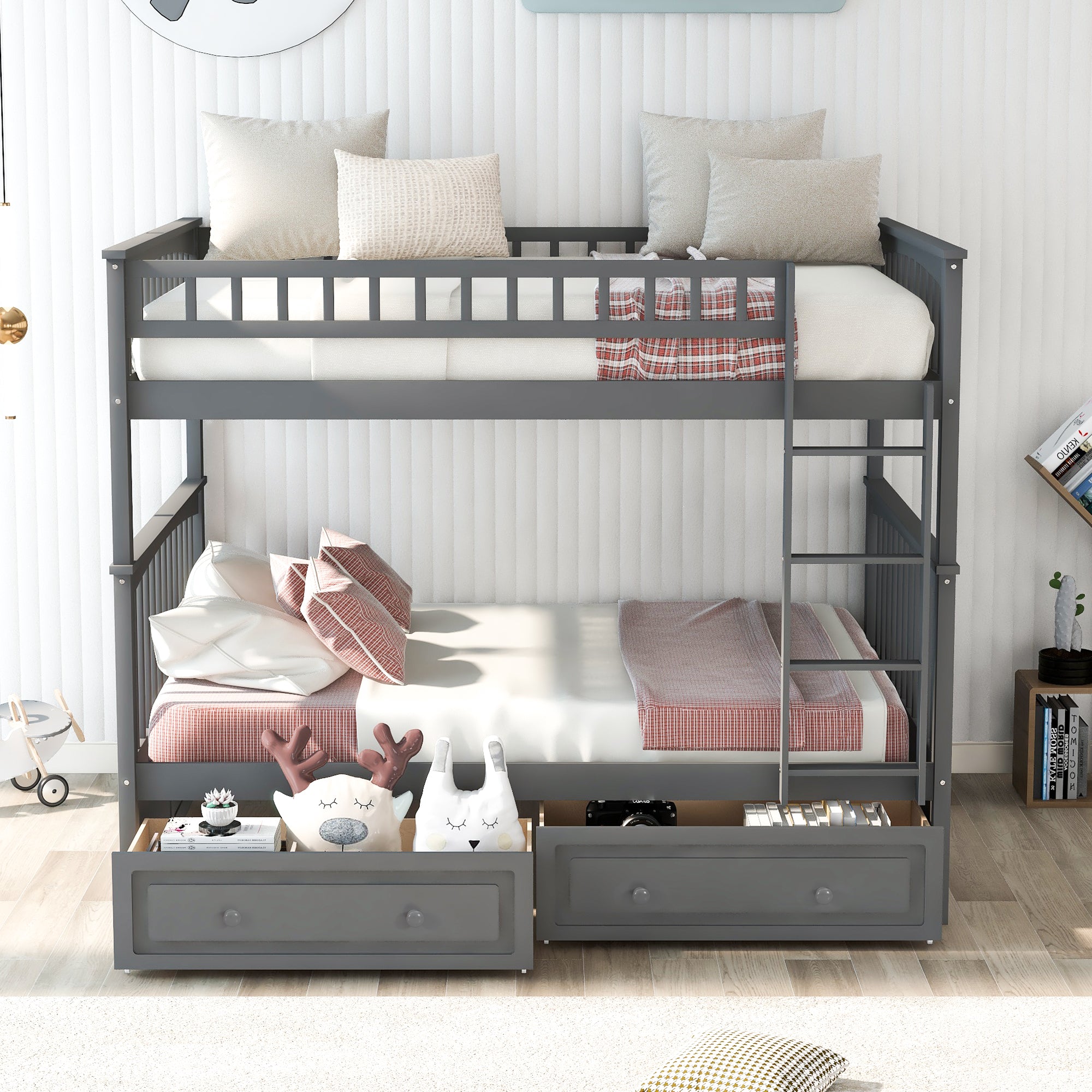 Royard Oaktree Bunk Bed with Storage Drawers and Built-in Ladder, Wood Bunk Bed Frame with Fence Style Guardrails and Headboard, Can Be Divided Into 2 Separate Platform Beds