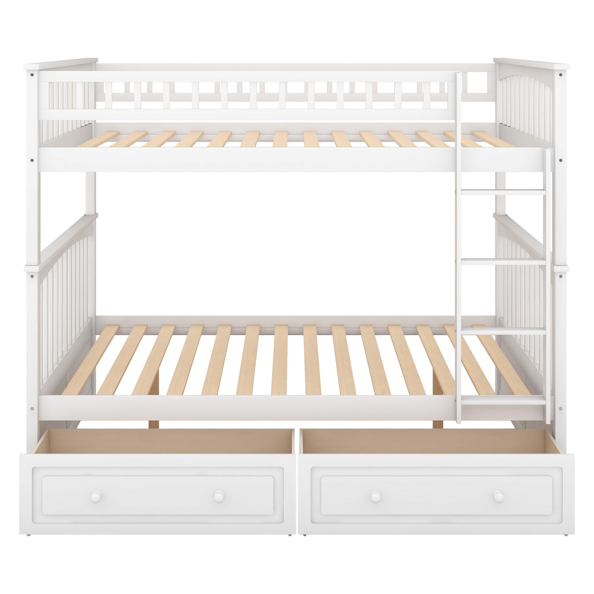 Royard Oaktree Bunk Bed with Storage Drawers and Built-in Ladder, Wood Bunk Bed Frame with Fence Style Guardrails and Headboard, Can Be Divided Into 2 Separate Platform Beds