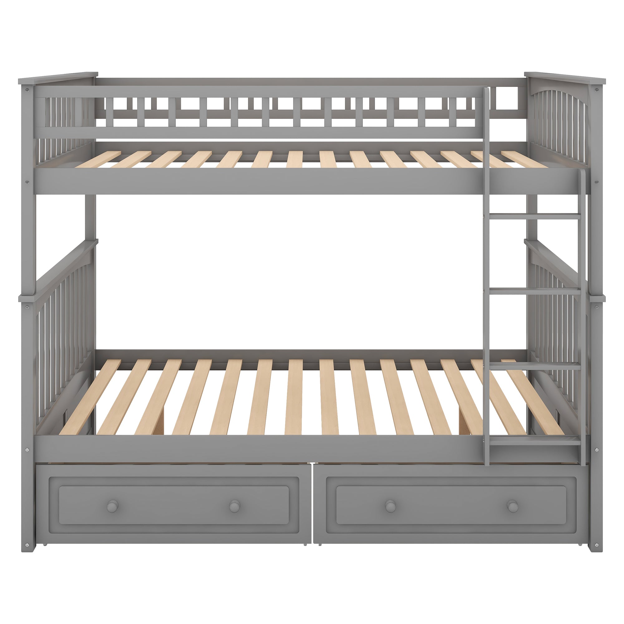 Royard Oaktree Bunk Bed with Storage Drawers and Built-in Ladder, Wood Bunk Bed Frame with Fence Style Guardrails and Headboard, Can Be Divided Into 2 Separate Platform Beds