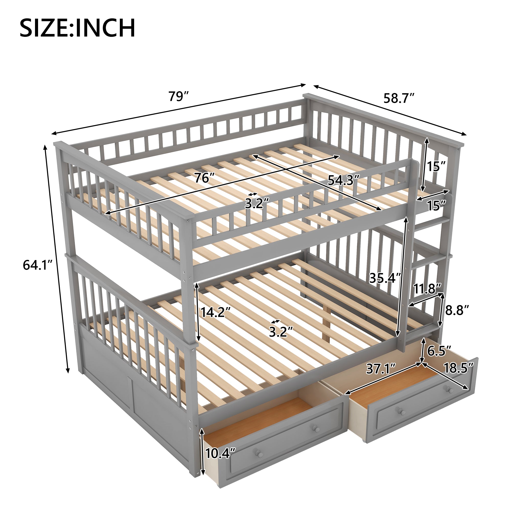 Royard Oaktree Bunk Bed with Storage Drawers and Built-in Ladder, Wood Bunk Bed Frame with Fence Style Guardrails and Headboard, Can Be Divided Into 2 Separate Platform Beds