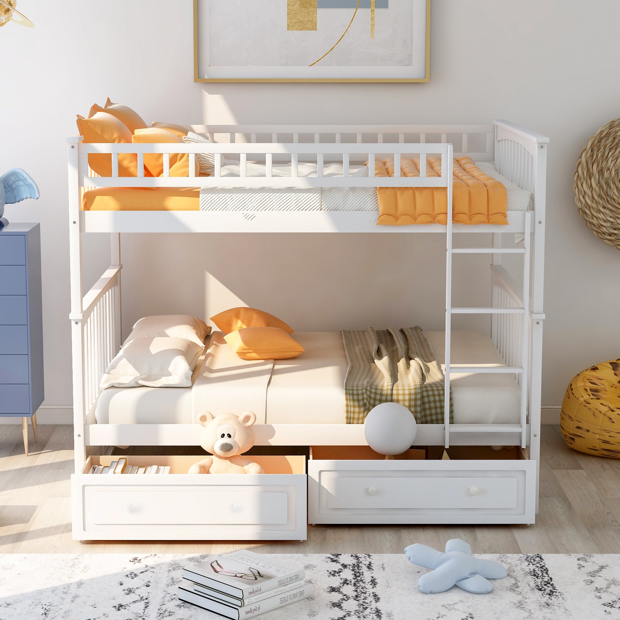 Royard Oaktree Bunk Bed with Storage Drawers and Built-in Ladder, Wood Bunk Bed Frame with Fence Style Guardrails and Headboard, Can Be Divided Into 2 Separate Platform Beds