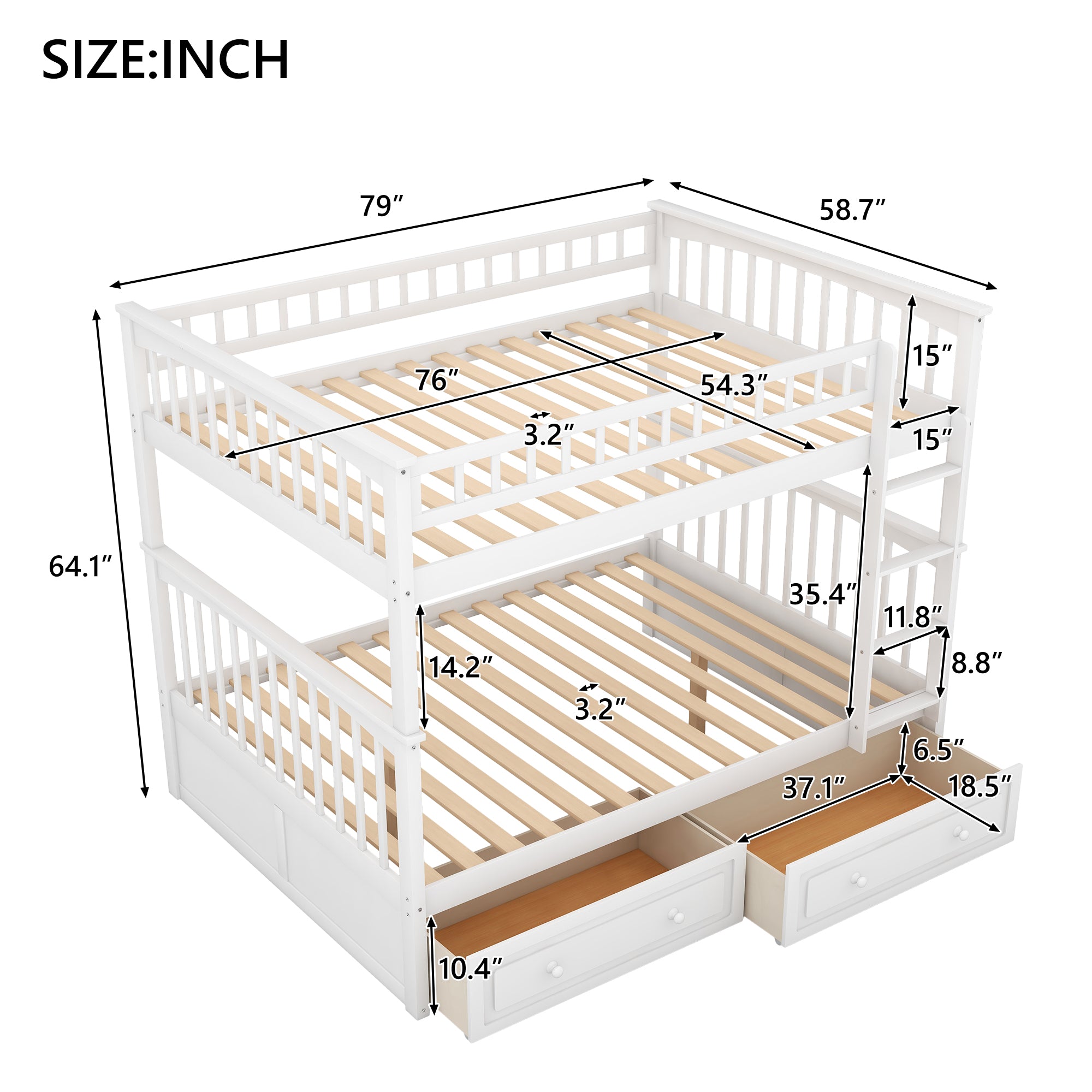 Royard Oaktree Bunk Bed with Storage Drawers and Built-in Ladder, Wood Bunk Bed Frame with Fence Style Guardrails and Headboard, Can Be Divided Into 2 Separate Platform Beds