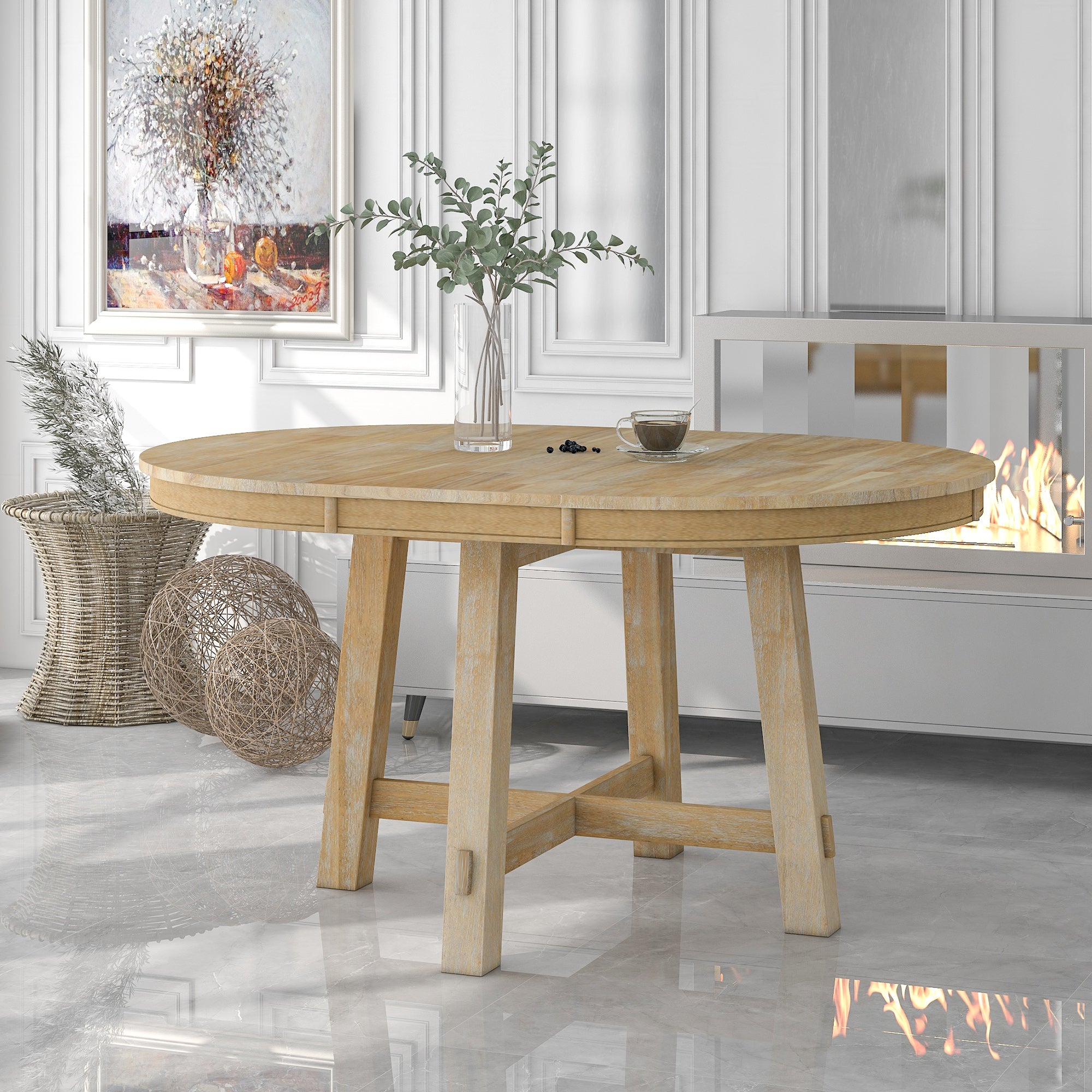 Royard Oaktree Round Extendable Dining Table Farmhouse Extendable Dining Table with 16" Leaf Adjustable Kitchen Table with Solid Wood X-shaped Base for Kitchen Room, Living Room