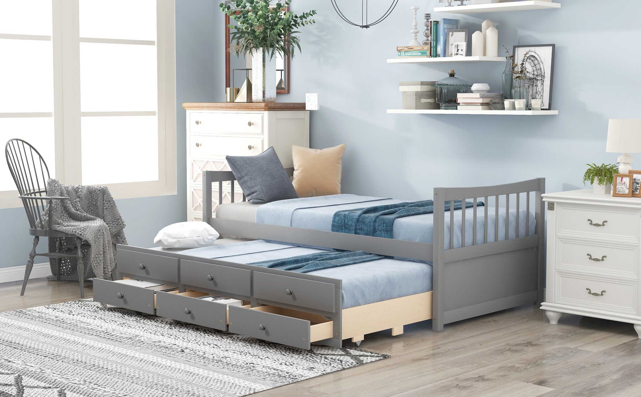 Royard Oaktree Daybed with Trundle and 3 Drawers Wood Bed Frame with Headboard and Footboard, Wood Slats, No Box Spring Needed