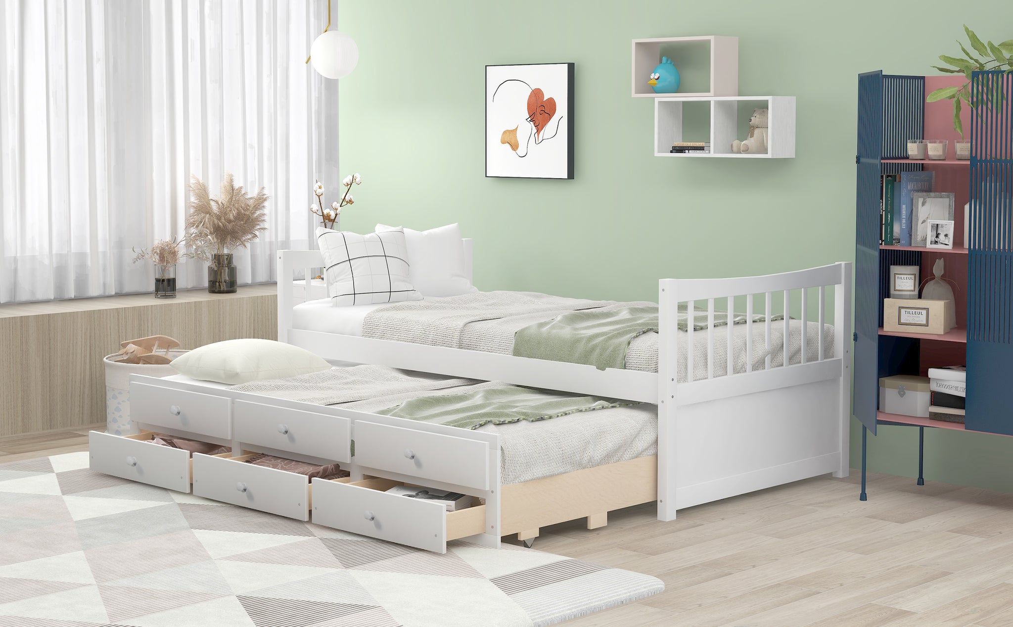 Royard Oaktree Daybed with Trundle and 3 Drawers Wood Bed Frame with Headboard and Footboard, Wood Slats, No Box Spring Needed