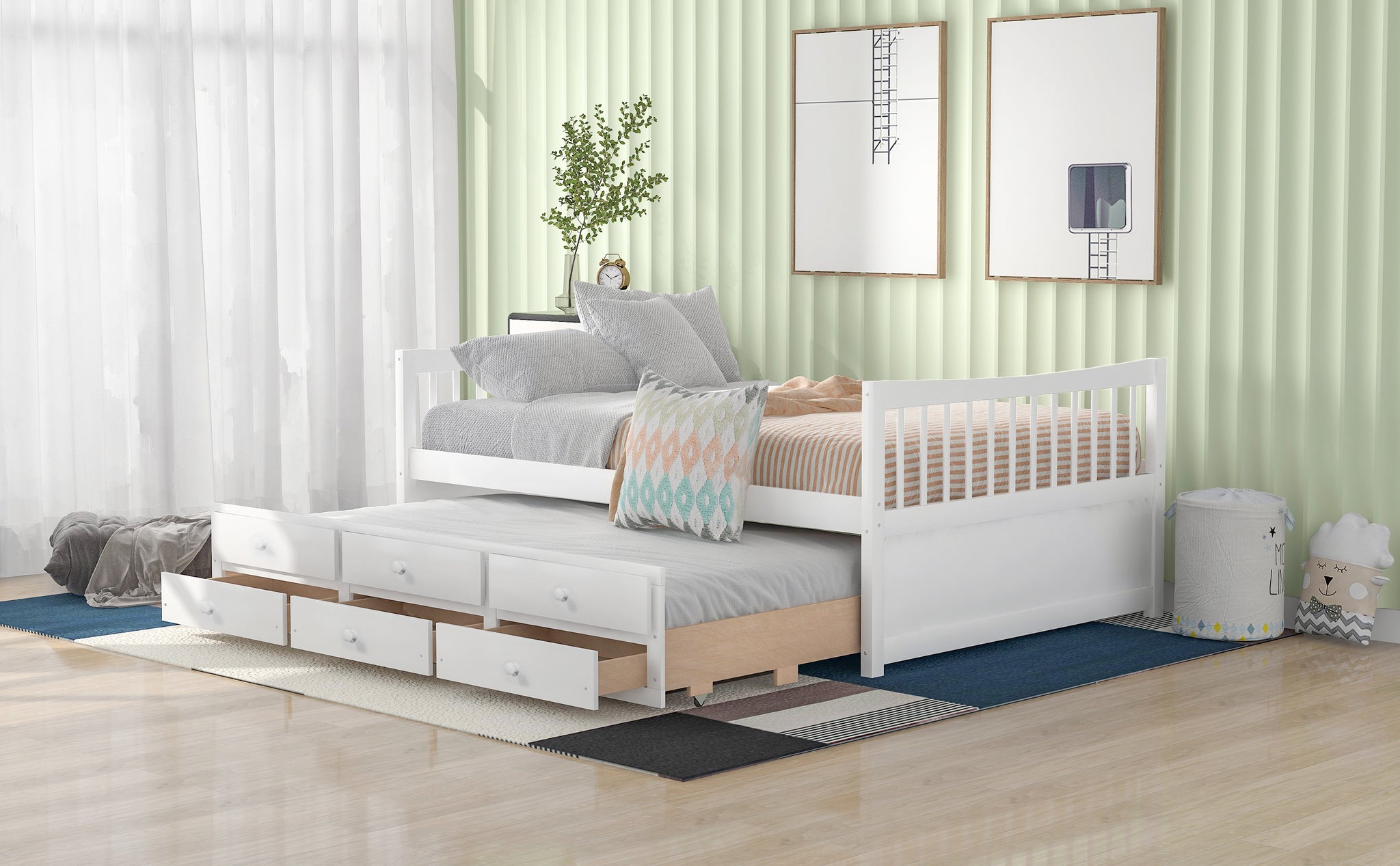 Royard Oaktree Daybed with Trundle and 3 Drawers Wood Bed Frame with Headboard and Footboard, Wood Slats, No Box Spring Needed