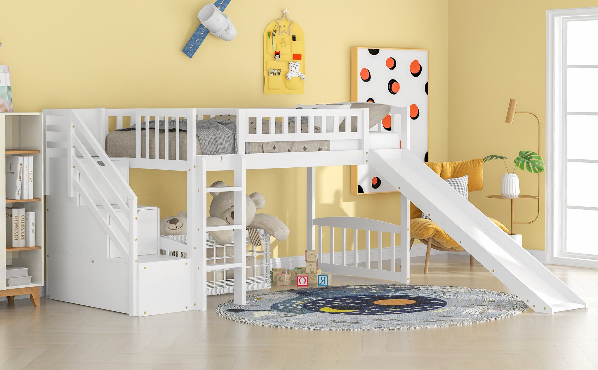 Royard Oaktree Twin Size Loft Bed with Slide and Storage Stairway Wooden Loft Bed Frame with Guardrail and Ladder for Kids Boys Girls Teens, No Box Spring Needed