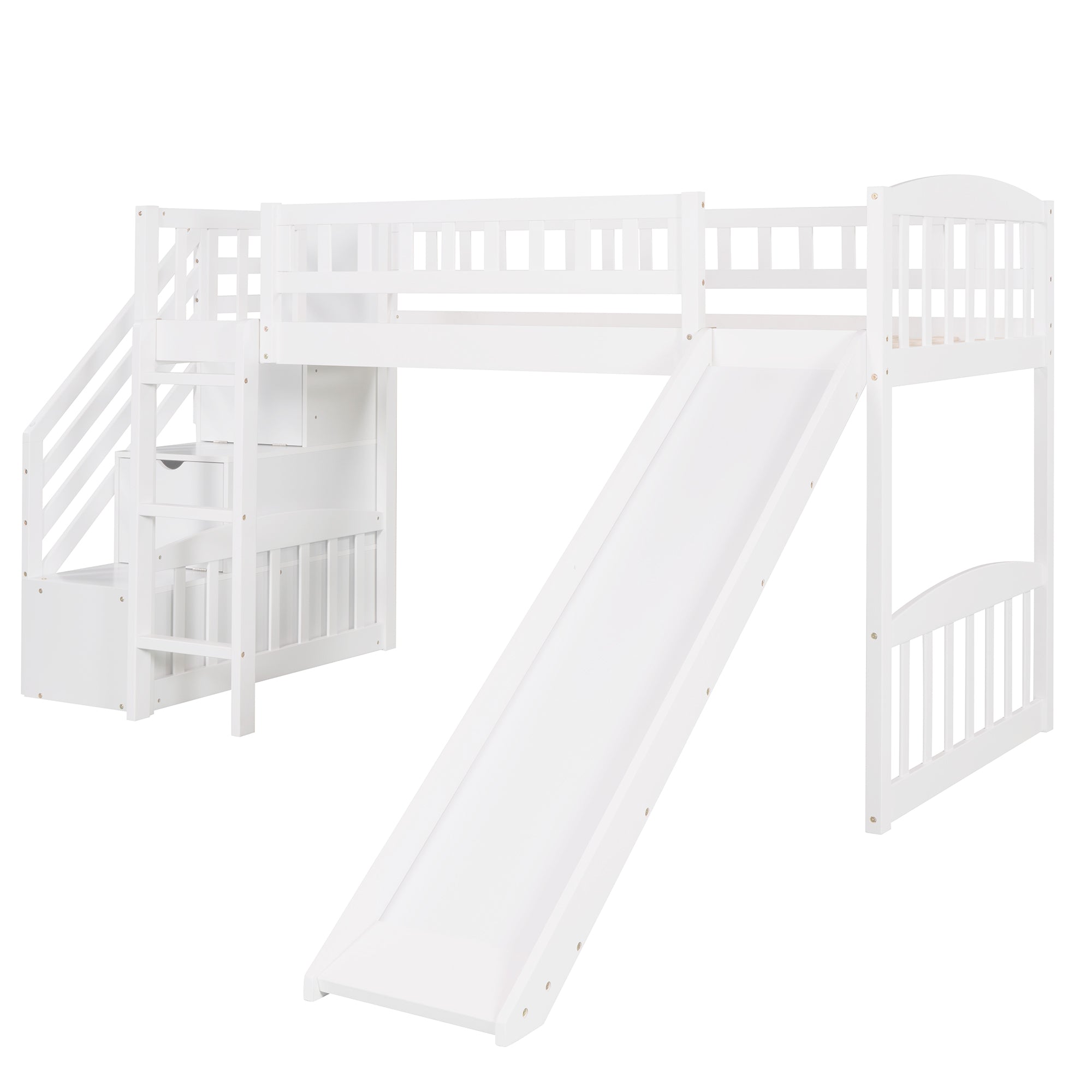 Royard Oaktree Twin Size Loft Bed with Slide and Storage Stairway Wooden Loft Bed Frame with Guardrail and Ladder for Kids Boys Girls Teens, No Box Spring Needed