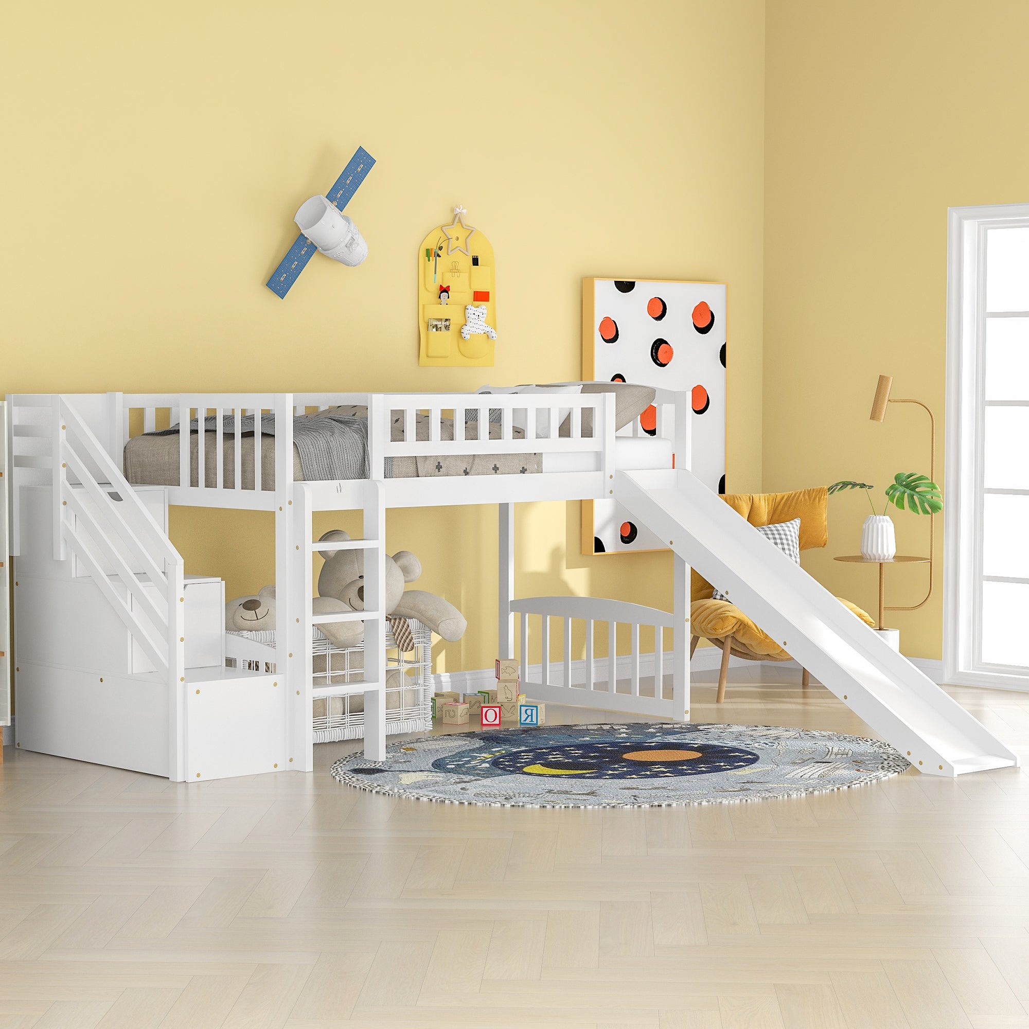 Royard Oaktree Twin Size Loft Bed with Slide and Storage Stairway Wooden Loft Bed Frame with Guardrail and Ladder for Kids Boys Girls Teens, No Box Spring Needed