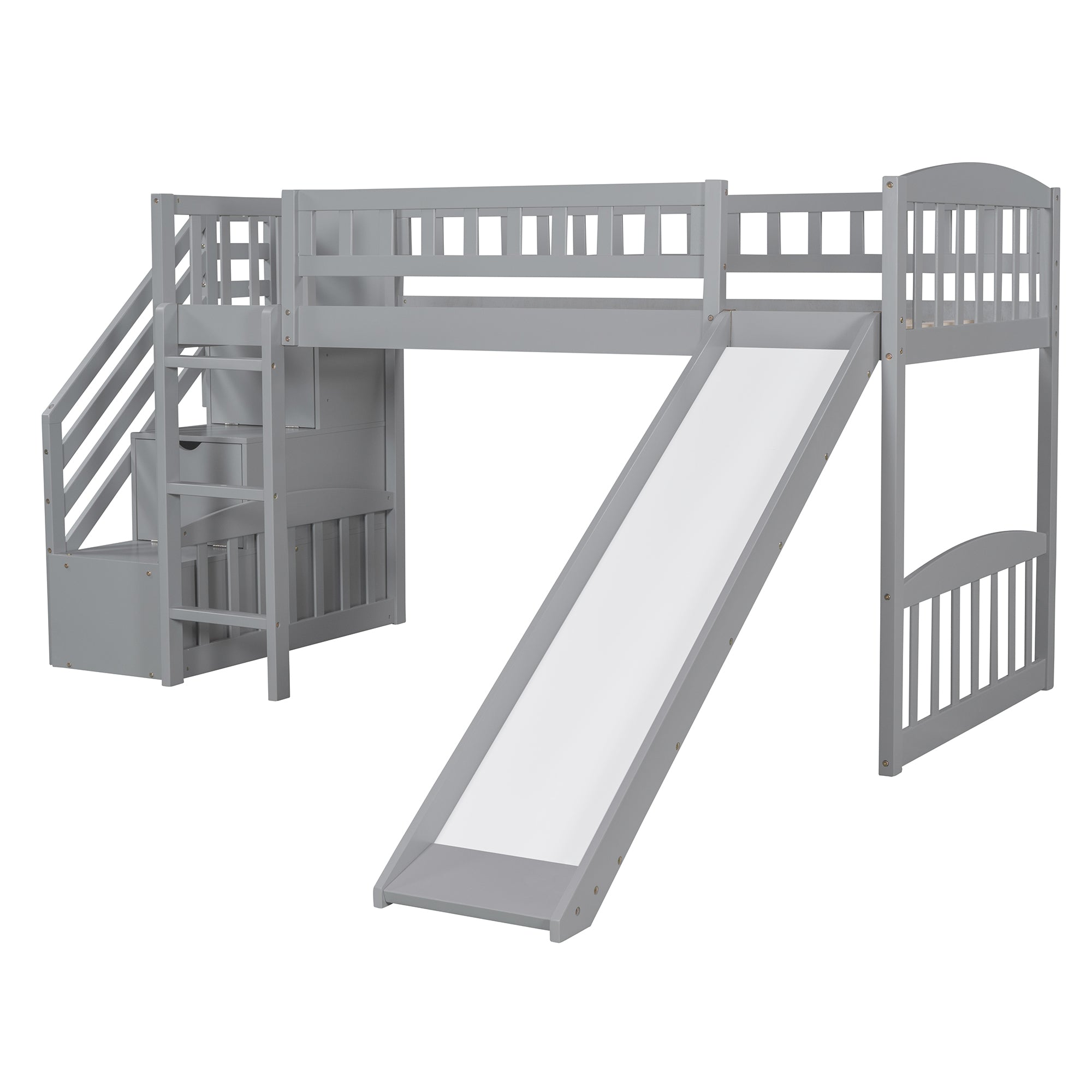 Royard Oaktree Twin Size Loft Bed with Slide and Storage Stairway Wooden Loft Bed Frame with Guardrail and Ladder for Kids Boys Girls Teens, No Box Spring Needed