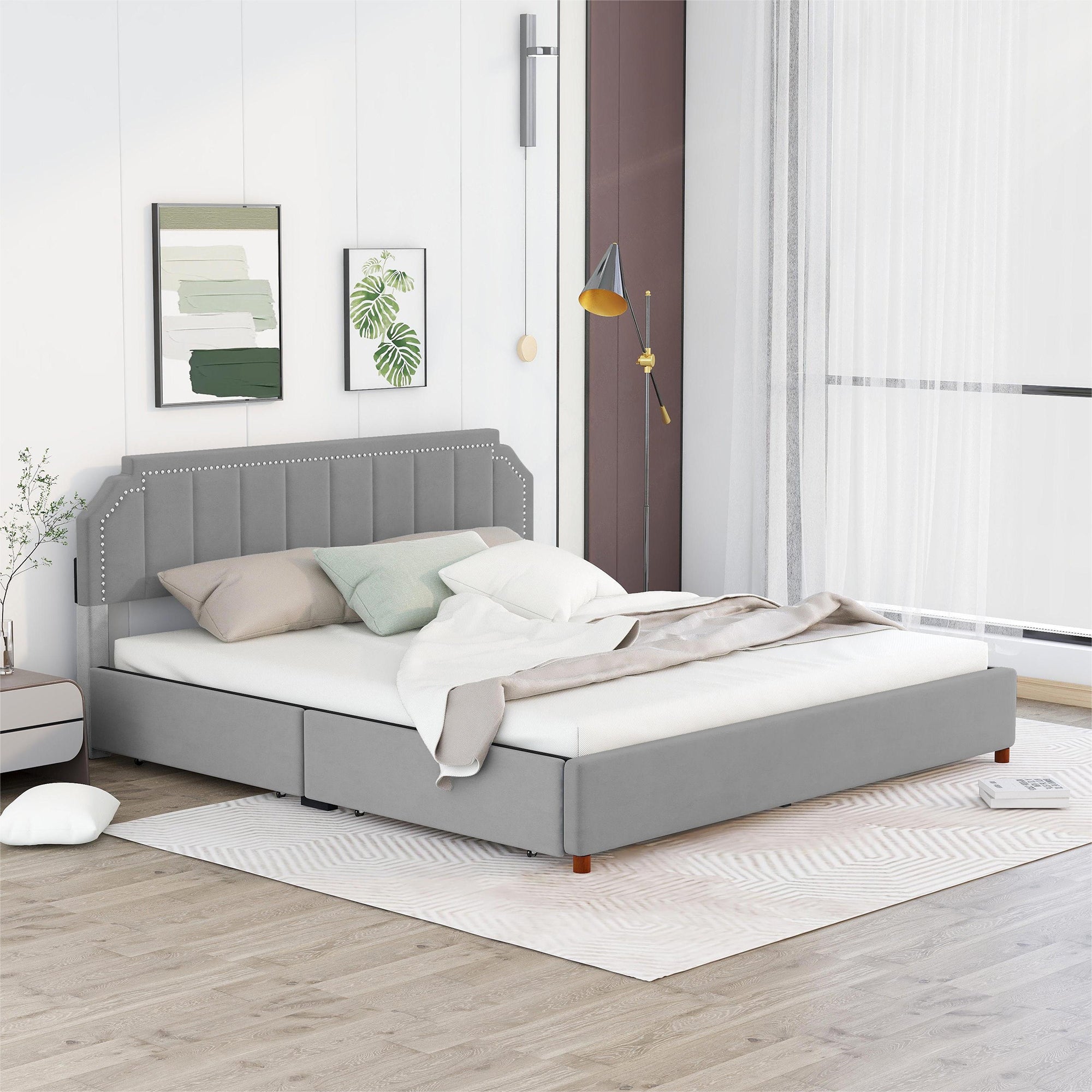 Royard Oaktree Platform Bed Frame with Four Storage Drawers Velvet Upholstered Bed with Tufted Curved Headboard, Nailhead Trim, No Box Spring Needed, Grey