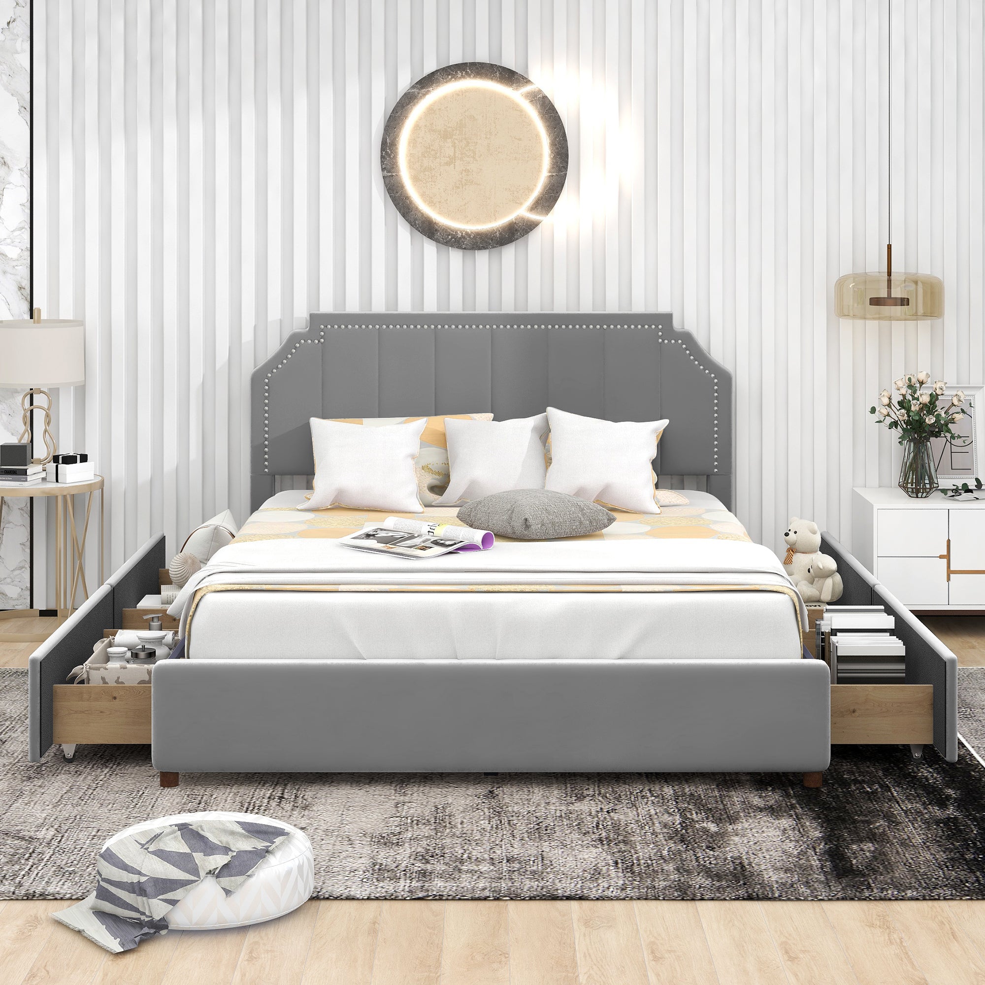 Royard Oaktree Platform Bed Frame with Four Storage Drawers Velvet Upholstered Bed with Tufted Curved Headboard, Nailhead Trim, No Box Spring Needed, Grey