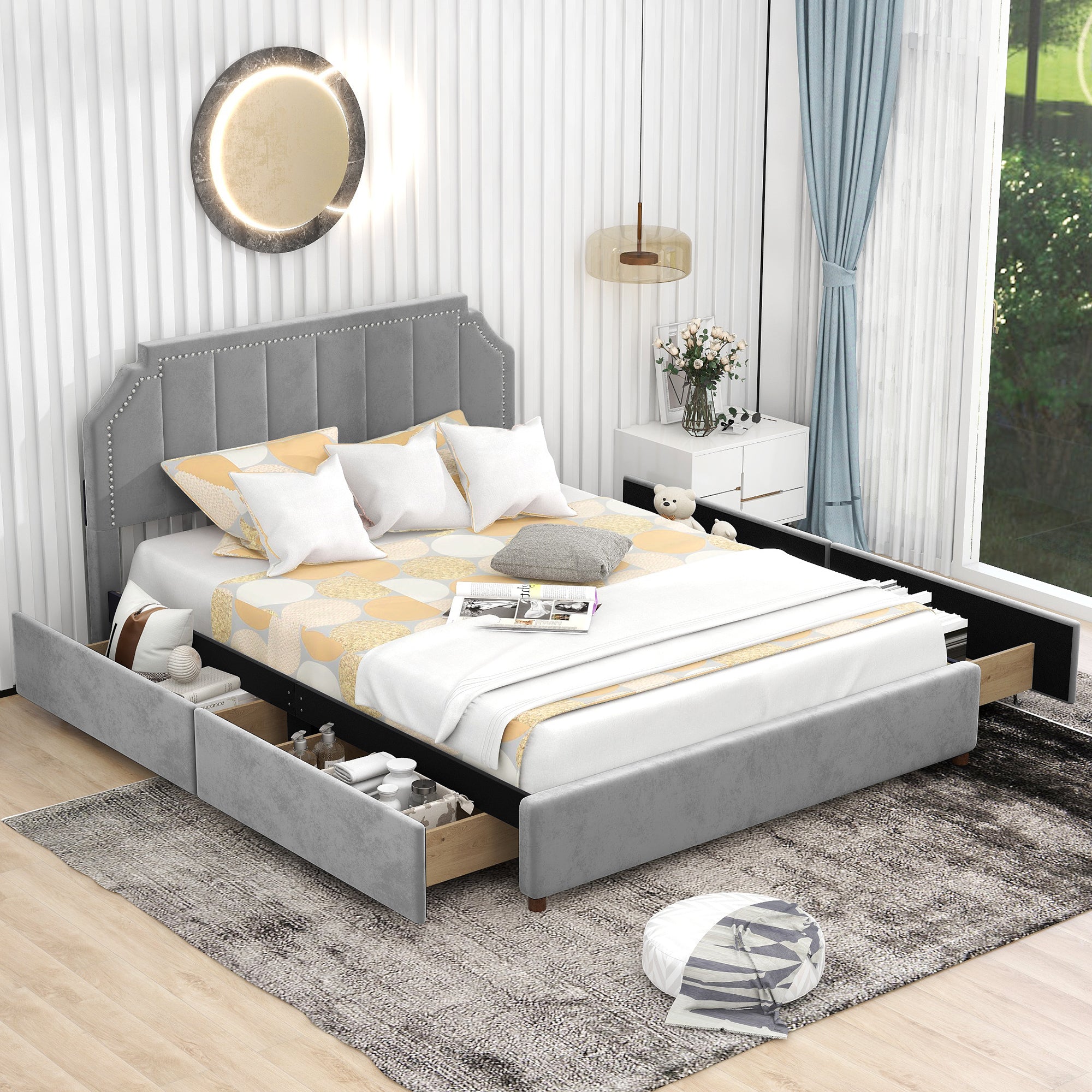 Royard Oaktree Platform Bed Frame with Four Storage Drawers Velvet Upholstered Bed with Tufted Curved Headboard, Nailhead Trim, No Box Spring Needed, Grey