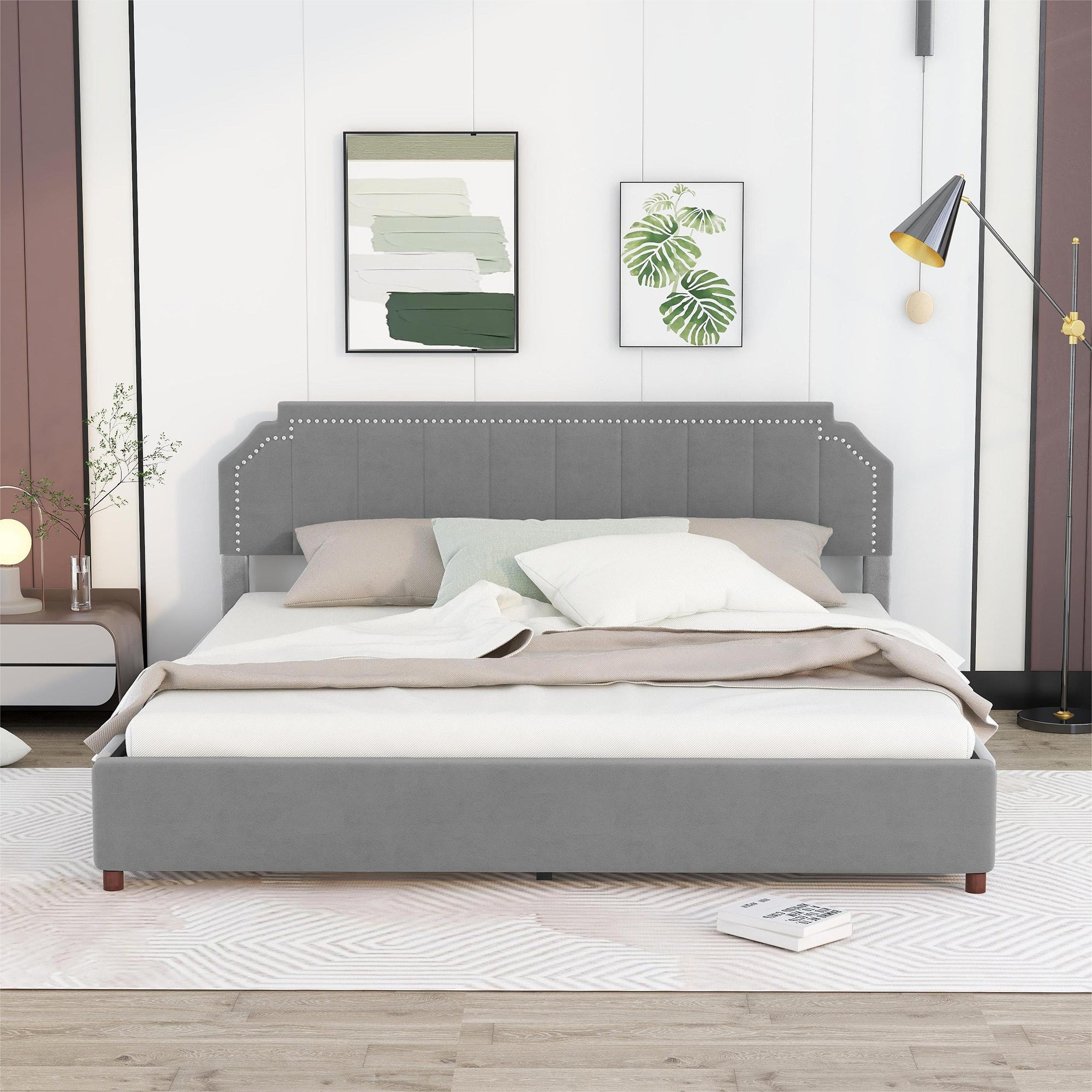 Royard Oaktree Platform Bed Frame with Four Storage Drawers Velvet Upholstered Bed with Tufted Curved Headboard, Nailhead Trim, No Box Spring Needed, Grey