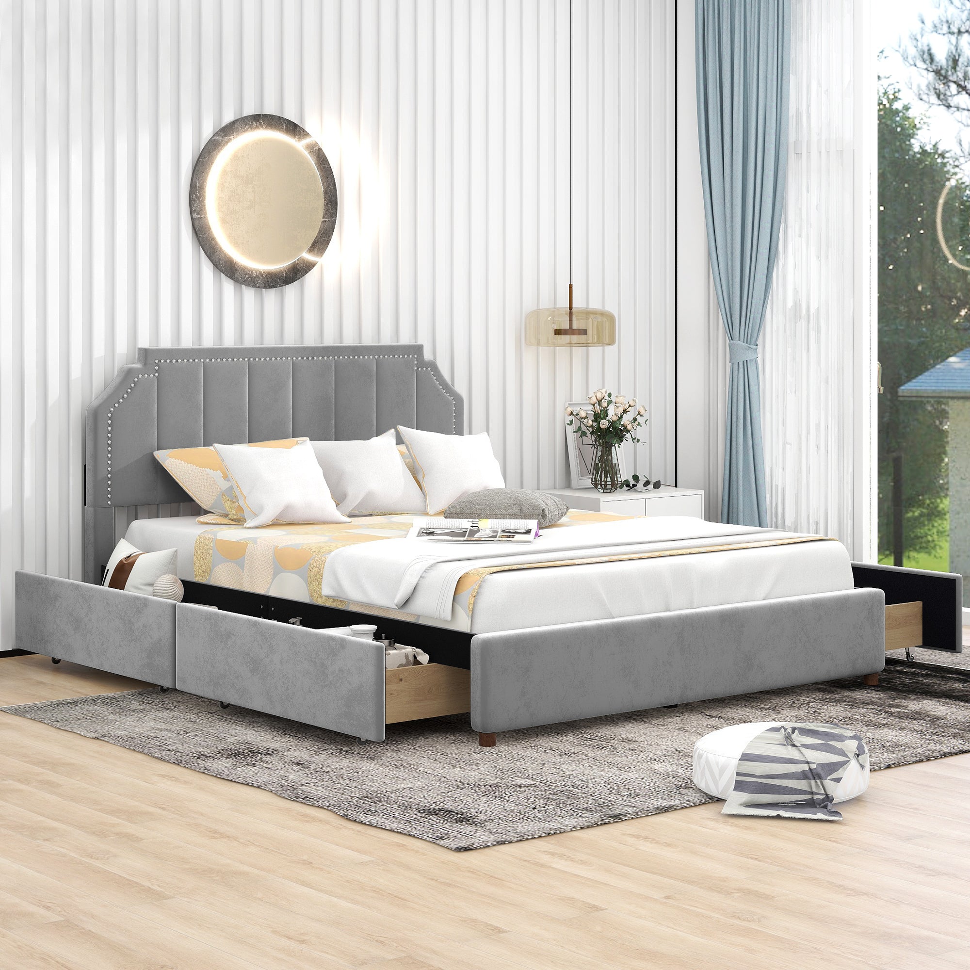 Royard Oaktree Platform Bed Frame with Four Storage Drawers Velvet Upholstered Bed with Tufted Curved Headboard, Nailhead Trim, No Box Spring Needed, Grey