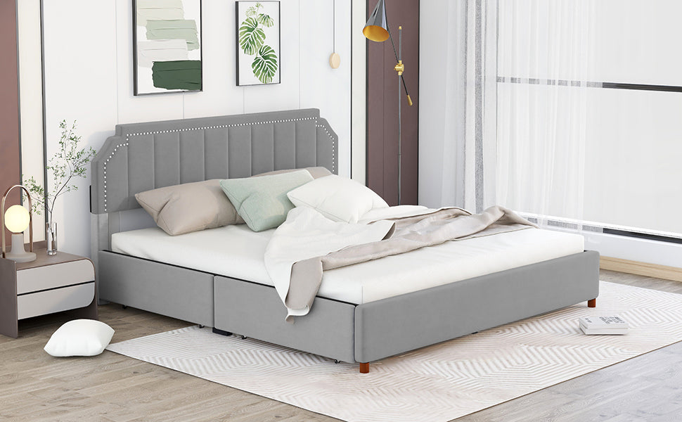 Royard Oaktree Platform Bed Frame with Four Storage Drawers Velvet Upholstered Bed with Tufted Curved Headboard, Nailhead Trim, No Box Spring Needed, Grey