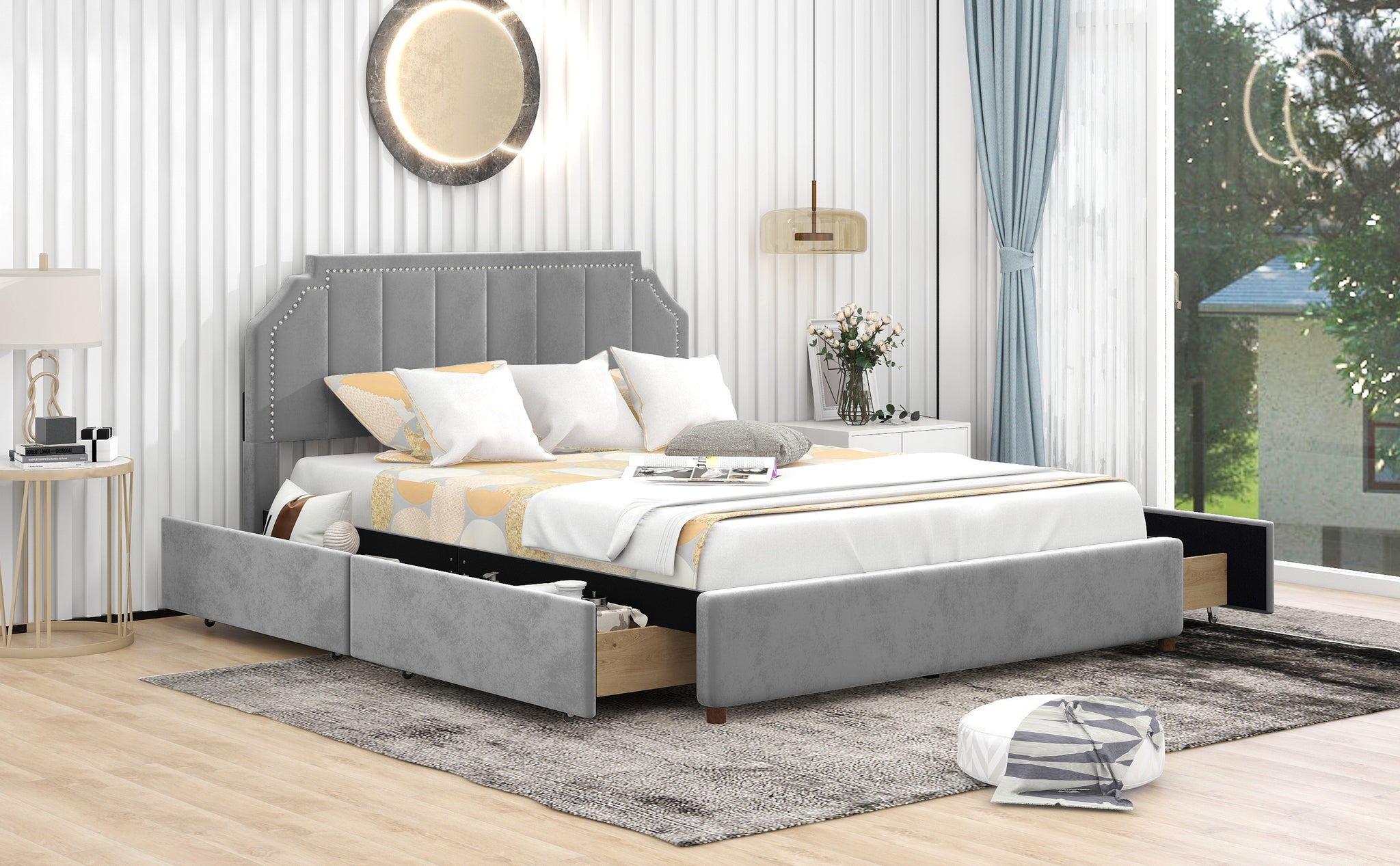 Royard Oaktree Platform Bed Frame with Four Storage Drawers Velvet Upholstered Bed with Tufted Curved Headboard, Nailhead Trim, No Box Spring Needed, Grey