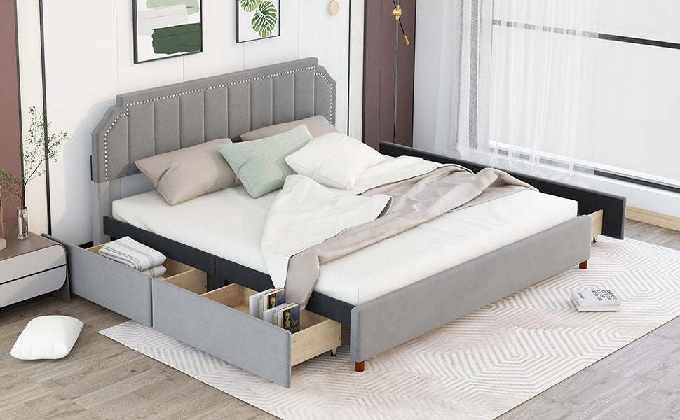 Royard Oaktree Platform Bed Frame with Four Storage Drawers Velvet Upholstered Bed with Tufted Curved Headboard, Nailhead Trim, No Box Spring Needed, Grey