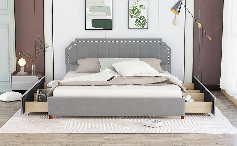 Royard Oaktree Platform Bed Frame with Four Storage Drawers Velvet Upholstered Bed with Tufted Curved Headboard, Nailhead Trim, No Box Spring Needed, Grey