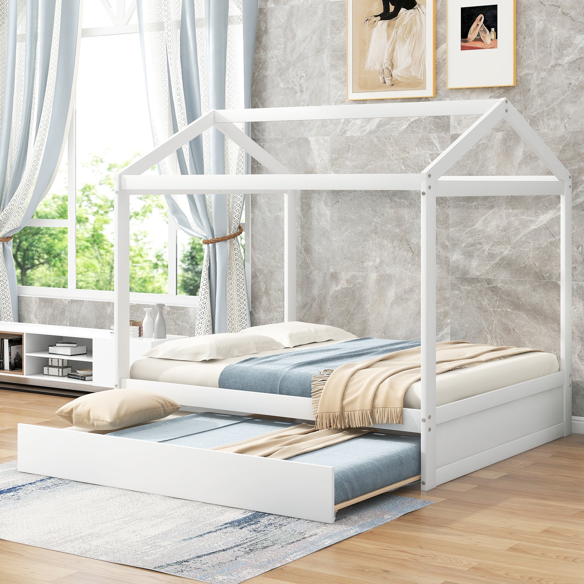 Royard Oaktree House Bed with Trundle Wood Platform Bed Frame with Roof for Kids, White