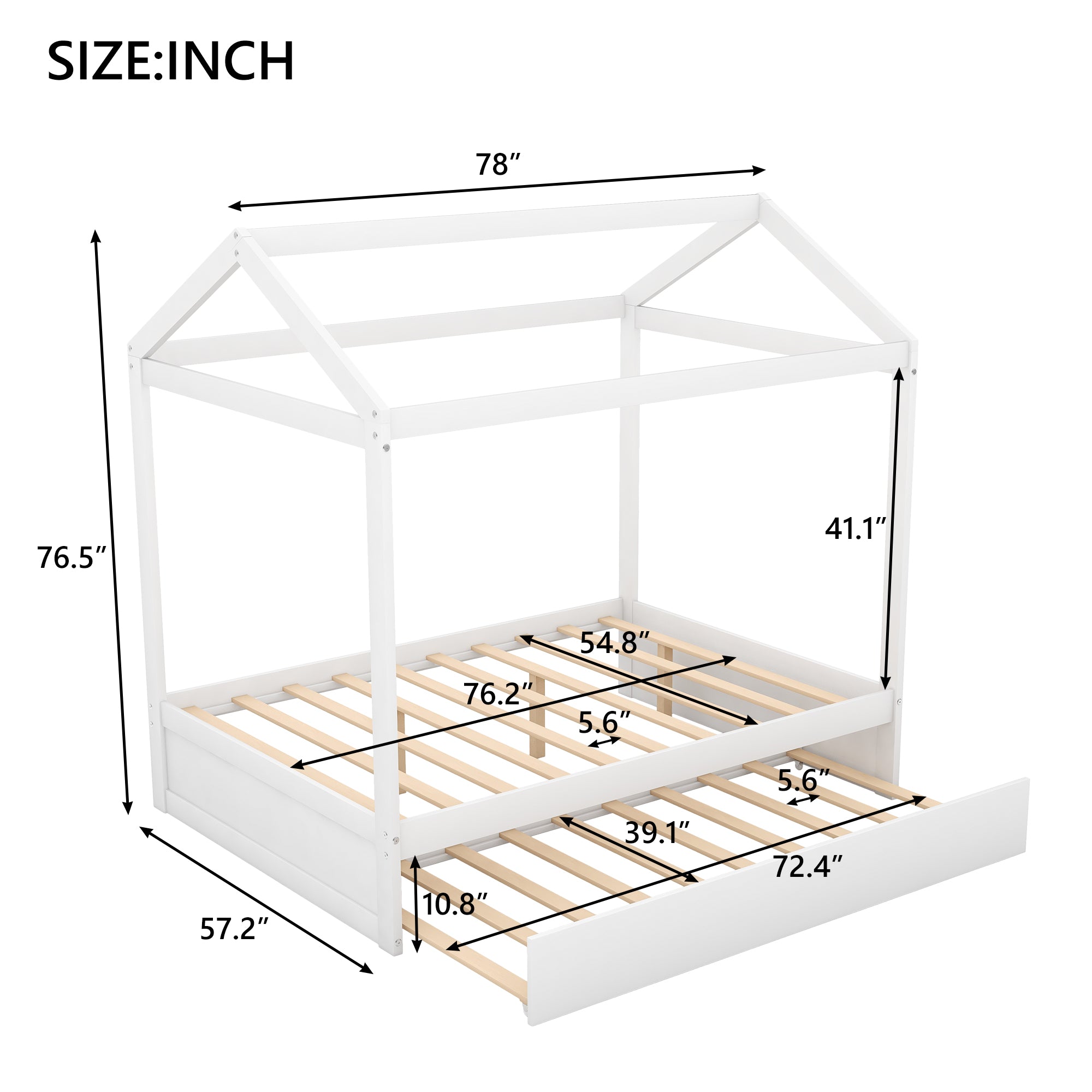 Royard Oaktree House Bed with Trundle Wood Platform Bed Frame with Roof for Kids, White