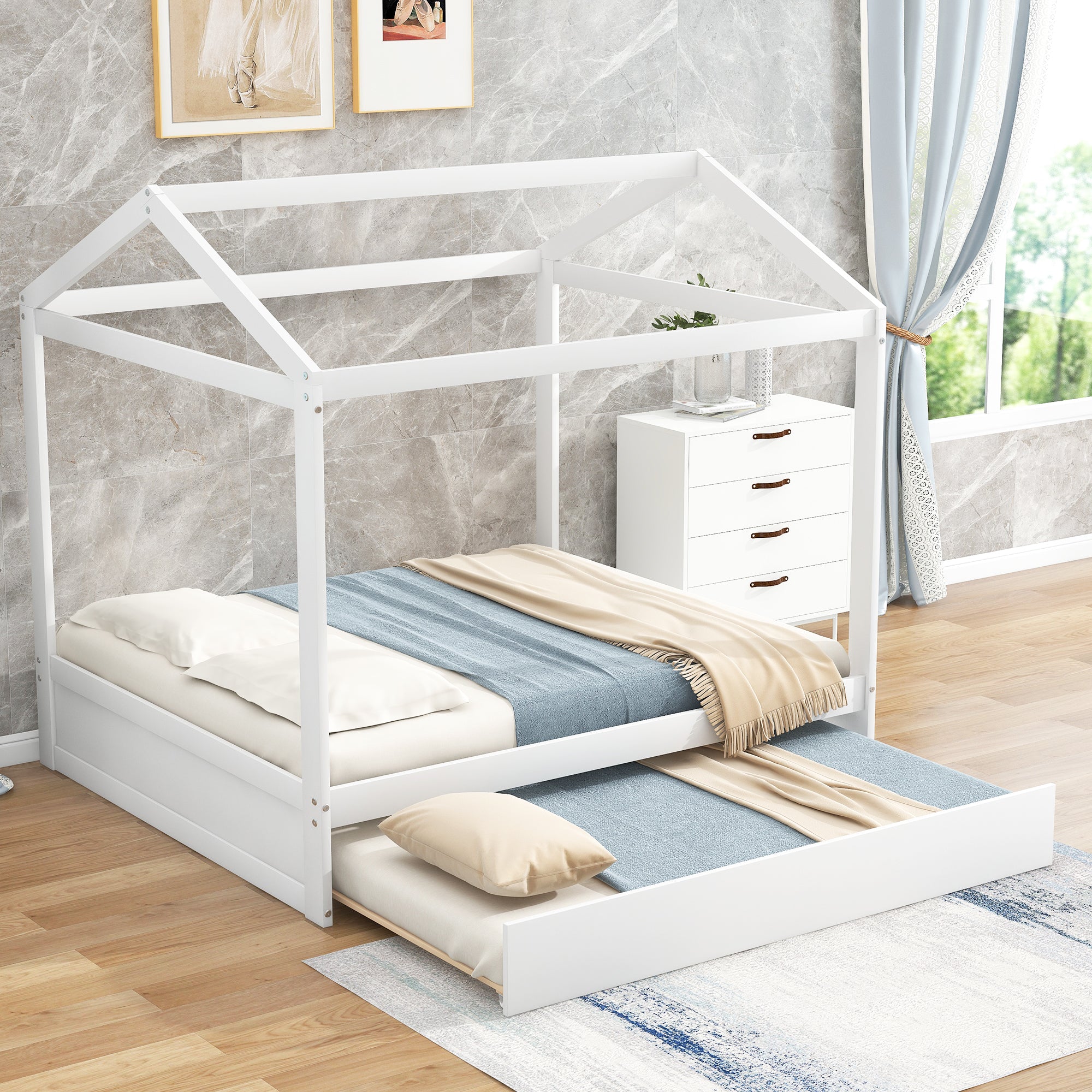 Royard Oaktree House Bed with Trundle Wood Platform Bed Frame with Roof for Kids, White