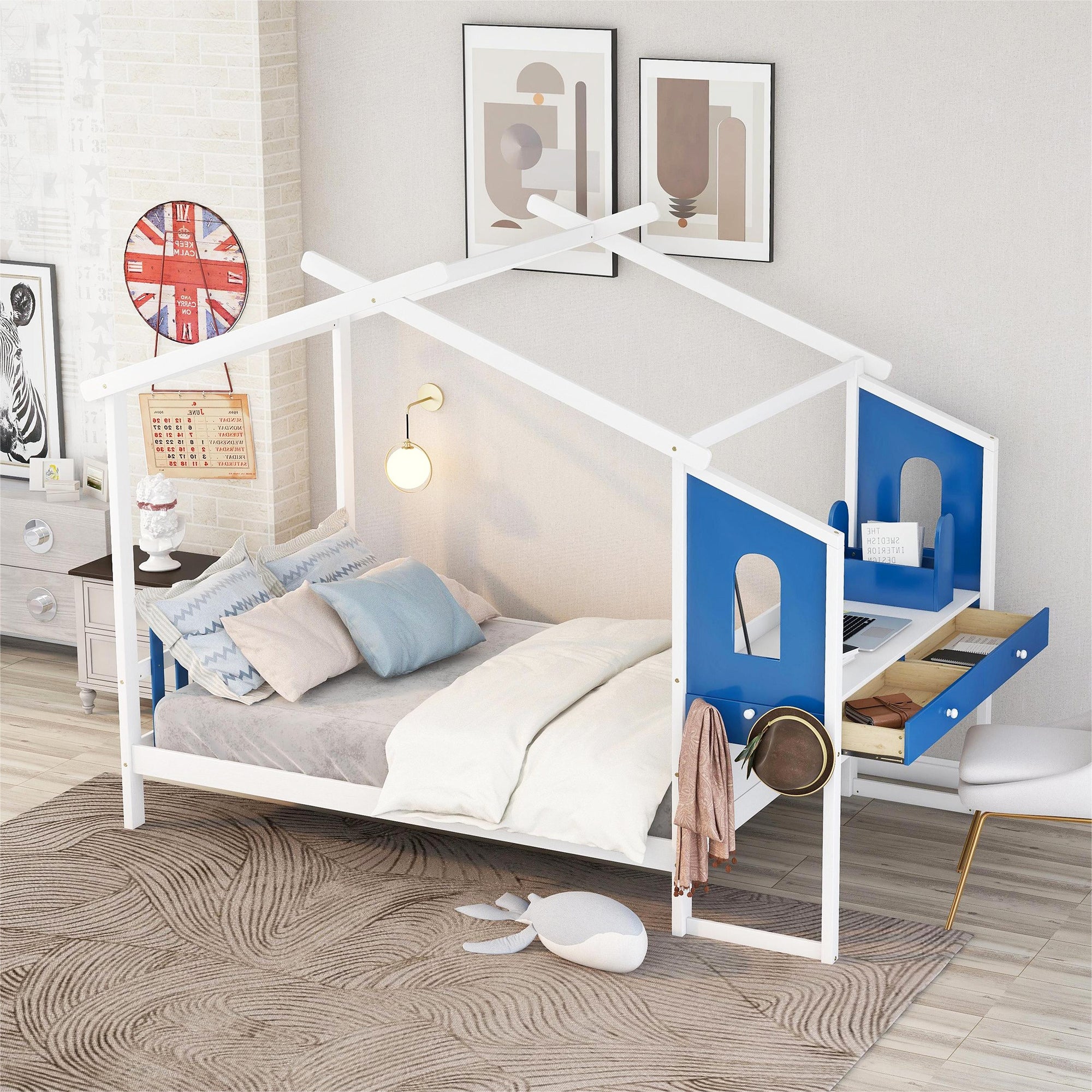 Royard Oaktree Full Size House Bed with Roof Wood Platform Bed Frame with Built-in Desk and Drawers, Separate Storage Pen Case, White+Blue